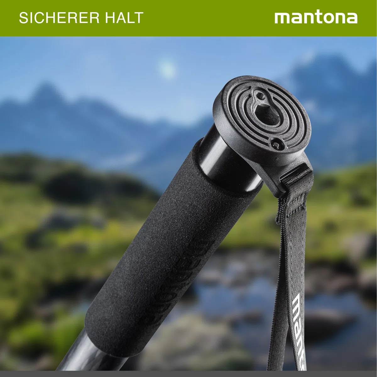 mantona Pro One Einbeinstativ aus ultraleichtem Carbon schwarz, Stativ höhenverstellbar von 44 cm bis 165 cm, praktische Schaumstoffummantelung & Handschlaufe, kompakt & belastbar mit Zubehör