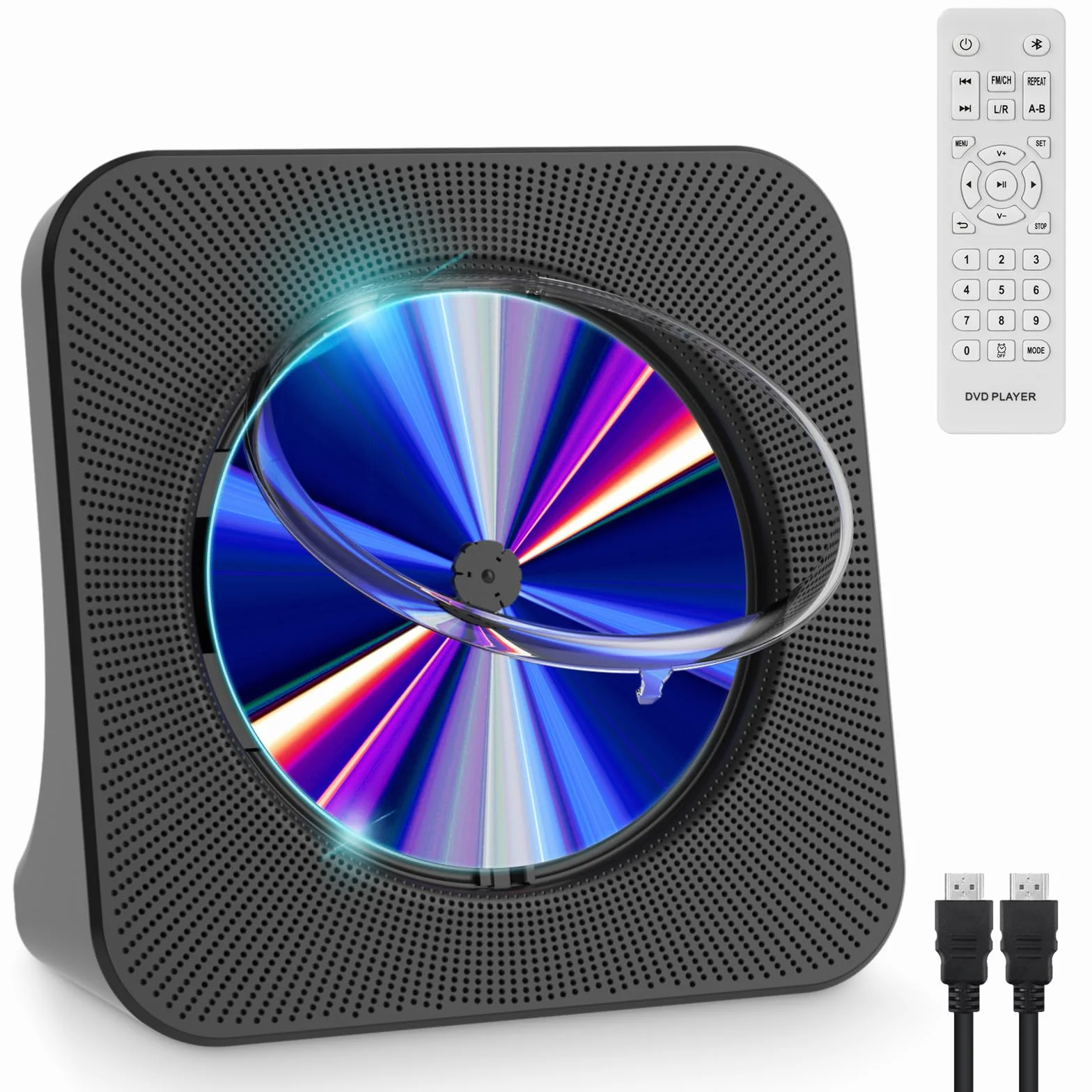 Gueray DVD Player für TV All Region Free Desktop DVD/CD Player für Zuhause mit Bluetooth Lautsprechern Display Wecker FM Radio mit CD Player USB Card Playback Inklusive Fernbedienung HDMI Kabel