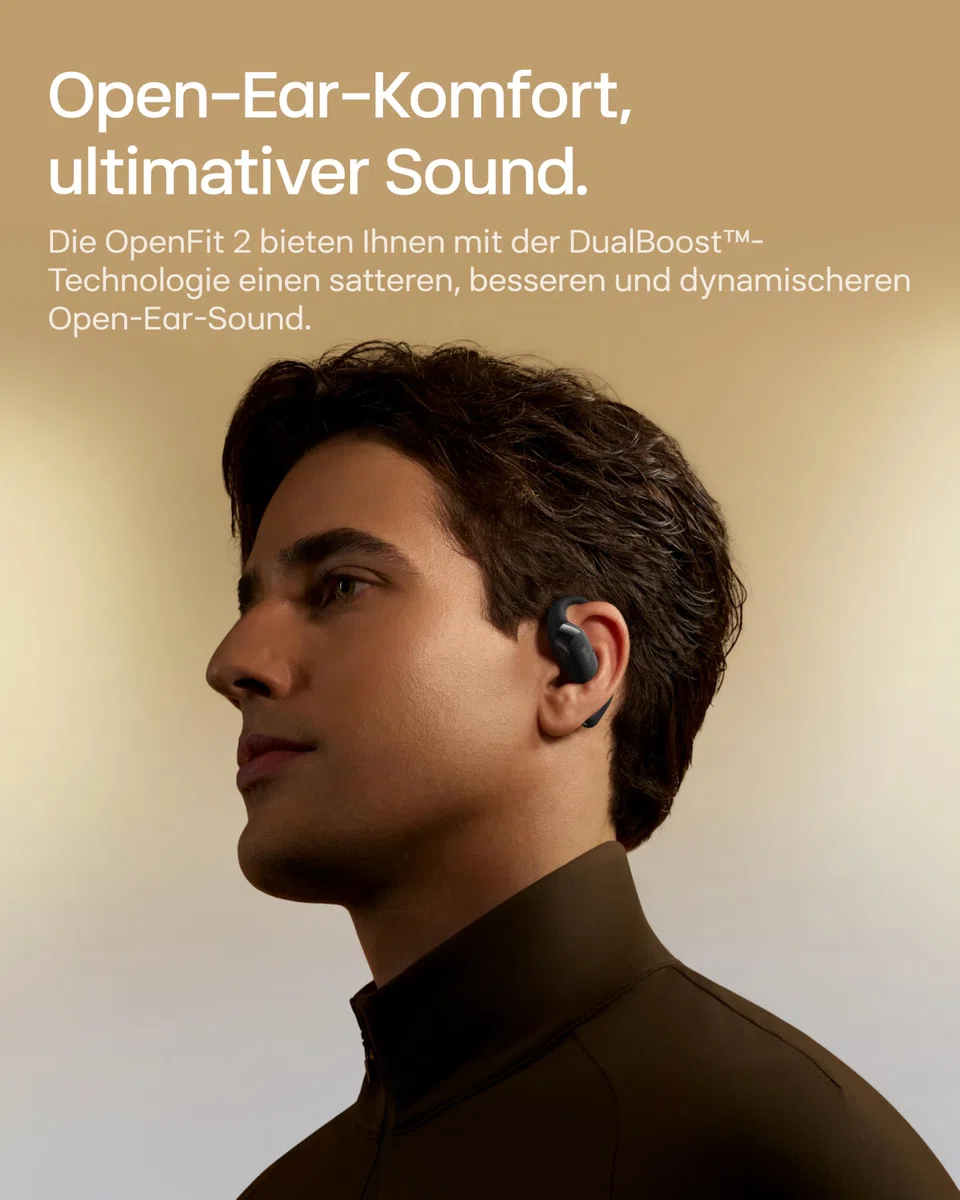 SHOKZ OpenFit 2 Open-Ear-Kopfhörer, True-Wireless-Bluetooth-Ohrhörer mit Mikrofon, Ohrbügel-Open-Ear Headphones mit 48 Stunden Wiedergabezeit, Schnellladung, IP55 Wasserfest, mit Tragetasche, Schwarz