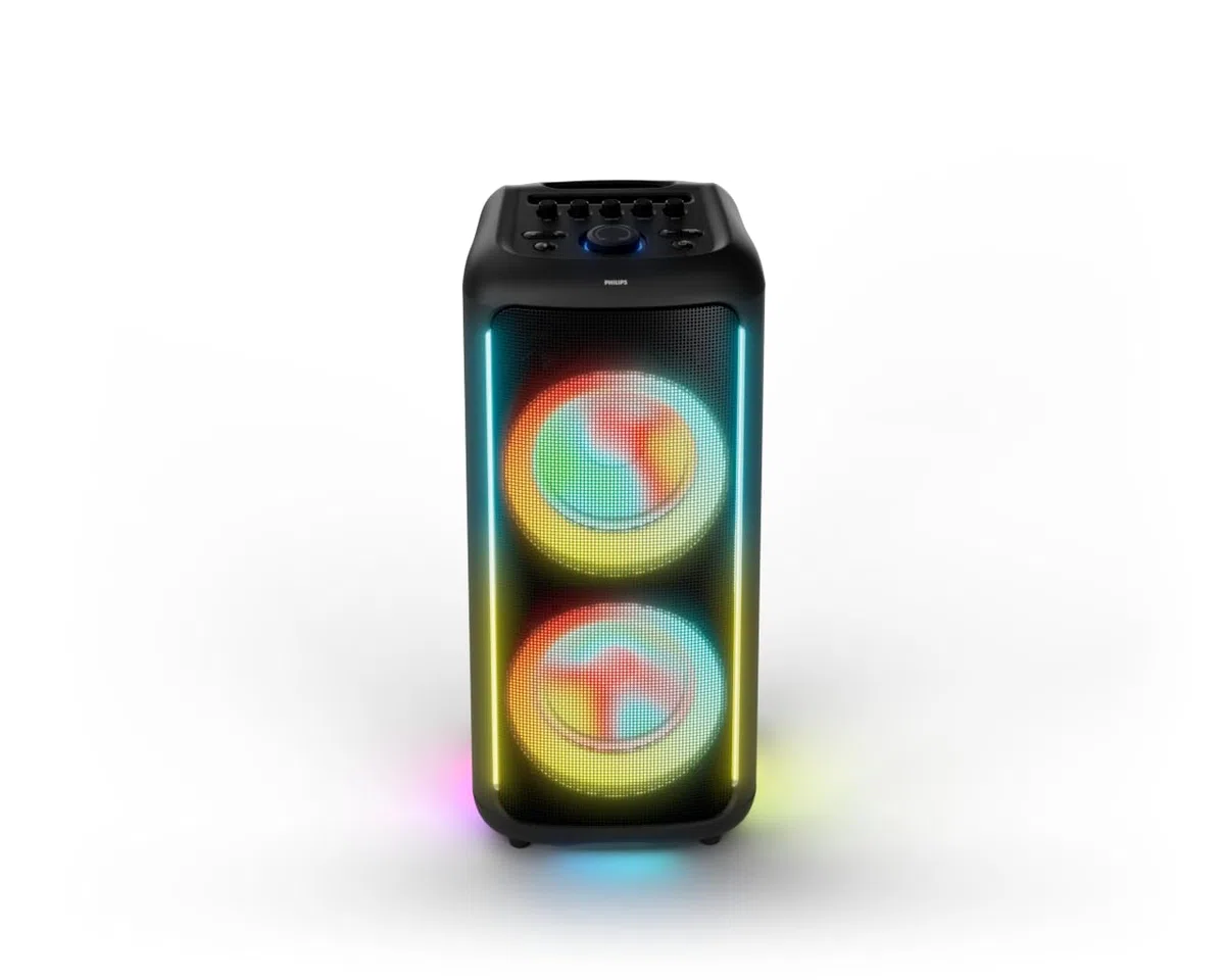 Philips TAX5000E Bluetooth-Party-Lautsprecher, 200 W Leistung, Bass+, Lichtshow, 14 Std. Akku, TWS, Auracast, Mikro-/Gitarren-Eingänge, IPX4-Spritzwasserschutz, USB, AUX, App-Steuerung, Räder, Griff