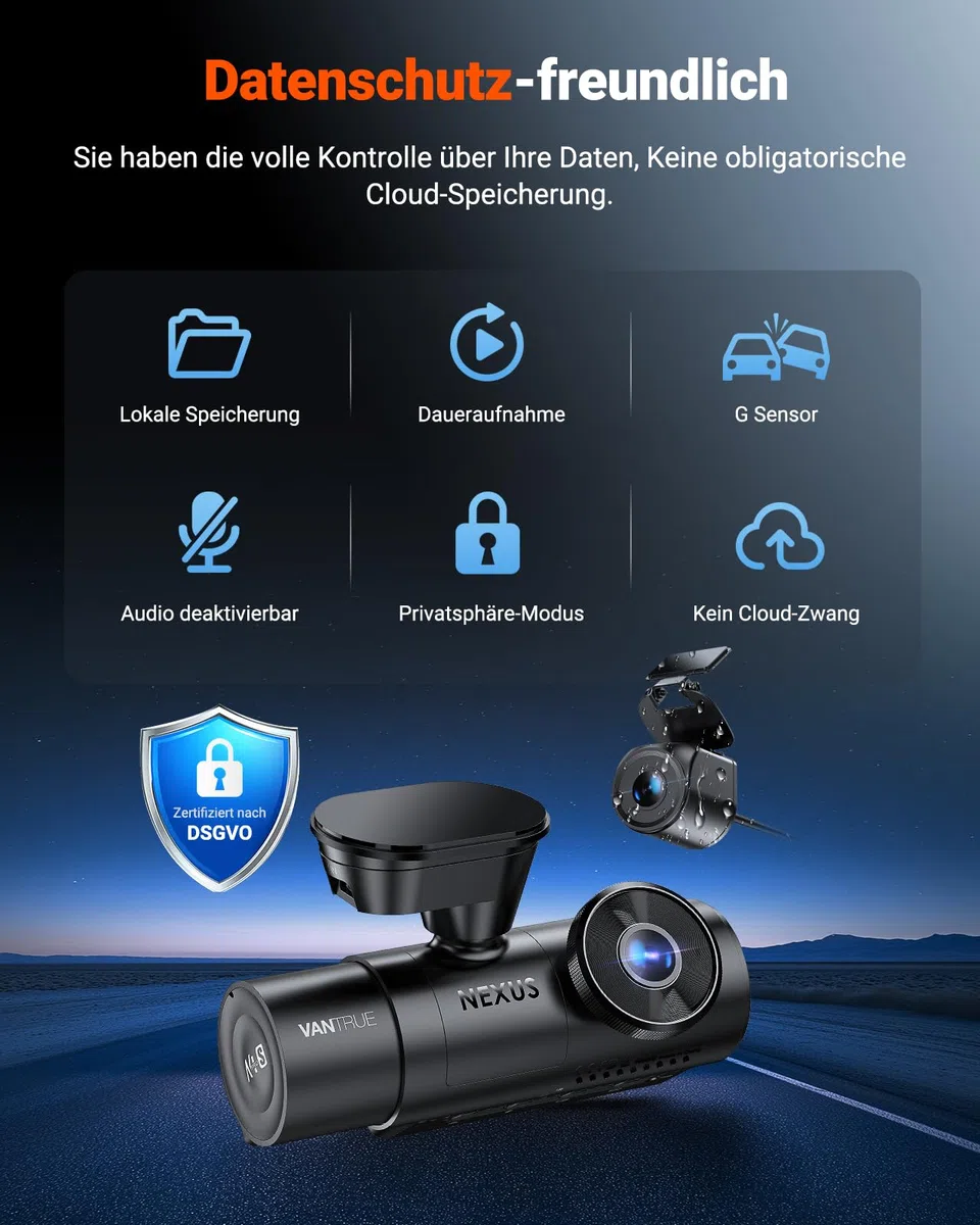 VANTRUE N4 Pro S 4K 3 Kanal Dashcam Auto, 4K+1080P+1440P Vorne Hinten Innen, STARVIS 2 Ultra HD-Nachtsicht, PLATEPIX Kennzeichenerkennung, 5GHz WLAN GPS, DSGVO-konform, G-Sensor, 24H Parküberwachung