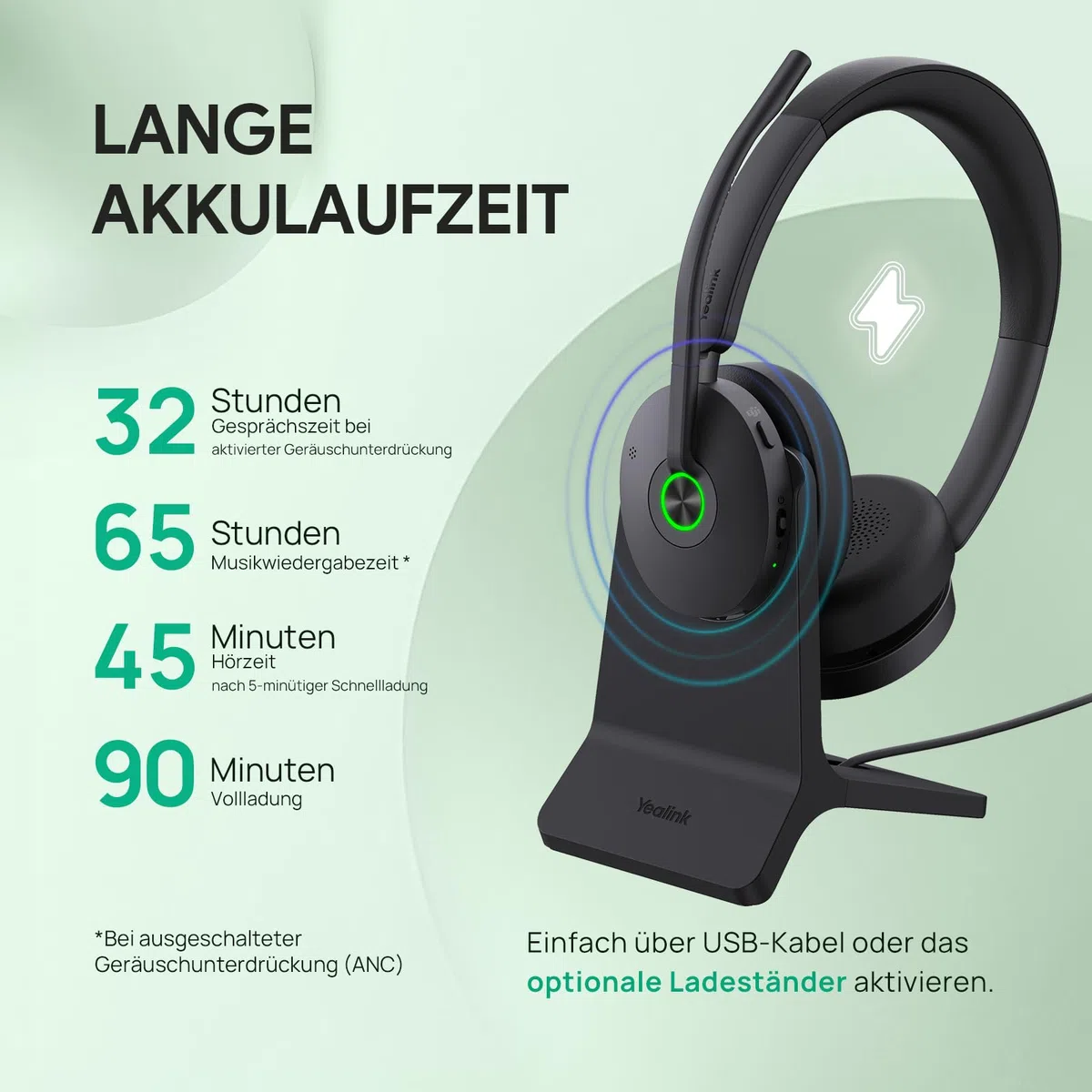 Yealink BH74 mit Ladestation ANC Kabelloses Bluetooth Headset mit Mikrofon, 6X Hybride Geräuschunterdrückung Mic, Stereo On Ear Kopfhörer Bluetooth, 32H Sprechzeit, Microsoft Teams Zoom Zertifiziert