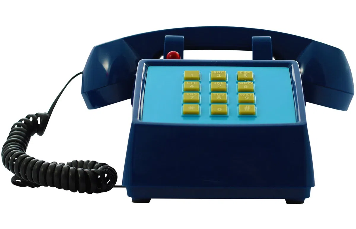 Opis Technology PushMeFon Cable: 1970er Designer Retro Tastentelefon Schnurgebunden/Festnetztelefon Schnurgebunden/Retro-Telefon in modernen Farben mit Metallklingel (dunkelblau)