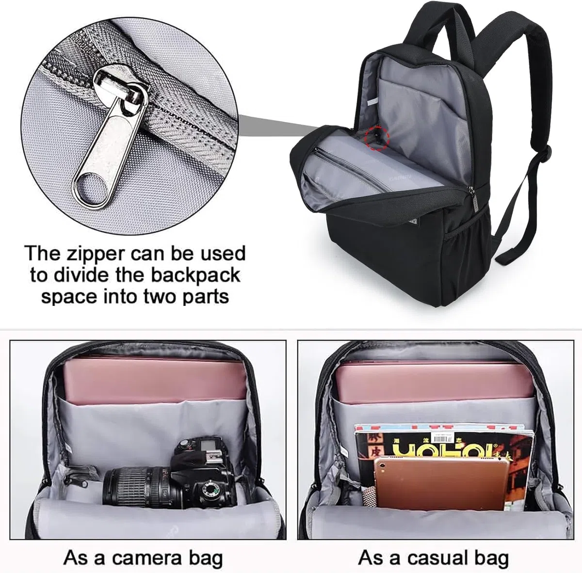 Kamerarucksack, CADeN Wasserdicht Kameratasche Dual Use SLR Bag Diebstahl Fotorucksack Kompatibel mit spiegelreflexkamera Canon Nikon Sony Stativ(Schwarz)