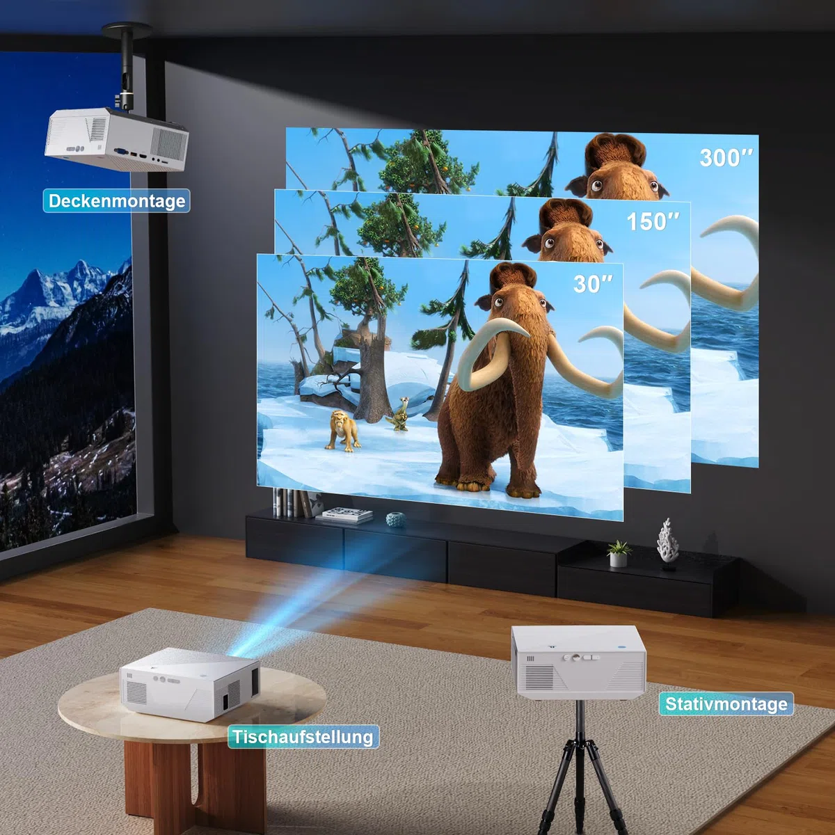 Neuer Beamer,4K-Unterstützung 5G WiFi projektor mit 20000 Lumen 300" Display Am Abend Outdoor Beamer Heimkino, kompatibel mit Smartphones/TV-Stick/PS5 /USB