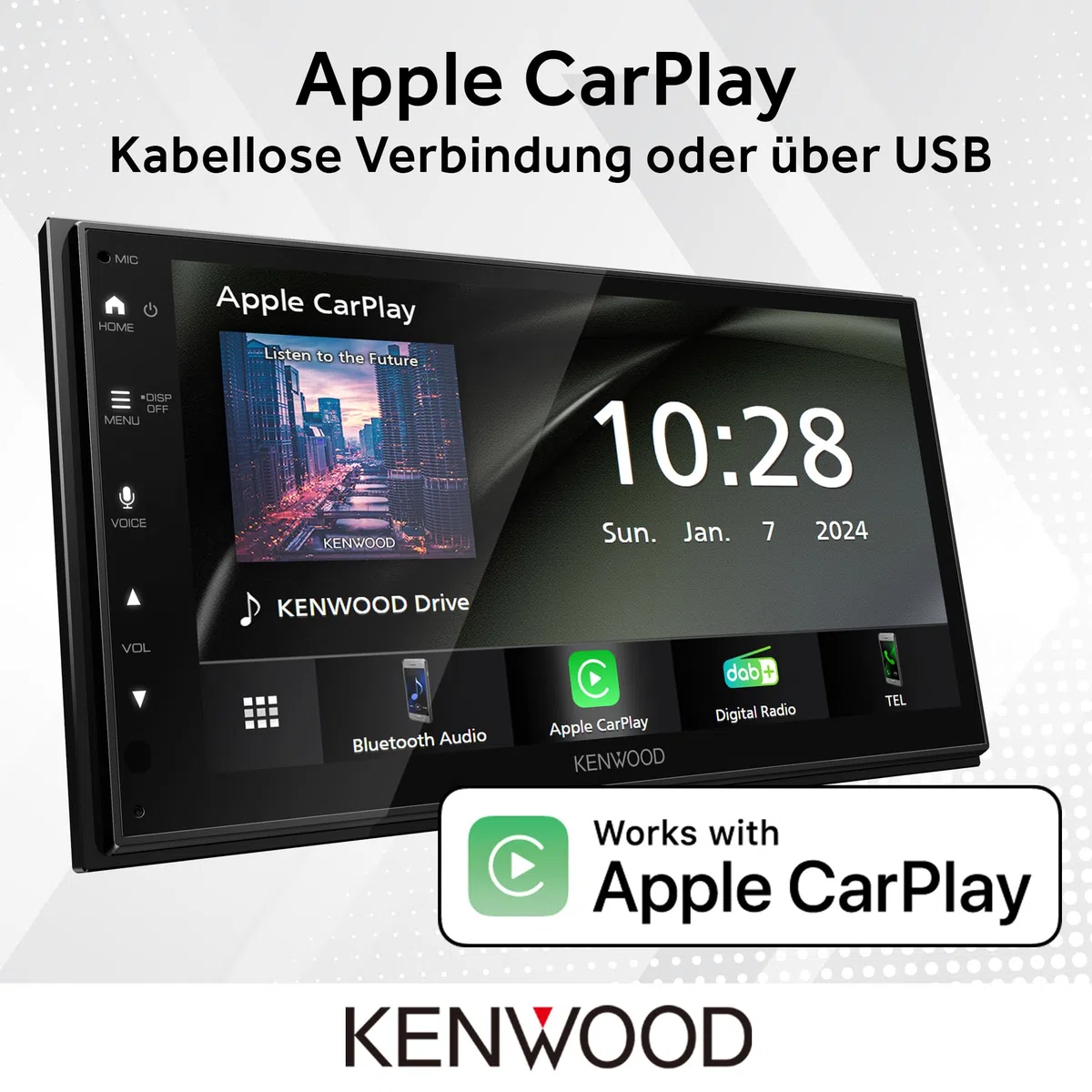 Kenwood DMX6523DABS - 17,3 cm WSVGA Moniceiver mit DAB+/FM, Wireless CarPlay & Android Auto, Apple & Android Wireless-Mirroring, Bluetooth, kapazitivem Touchpanel, DSP, 4 x 50 Watt, 3 x Pre-Out 2,5V