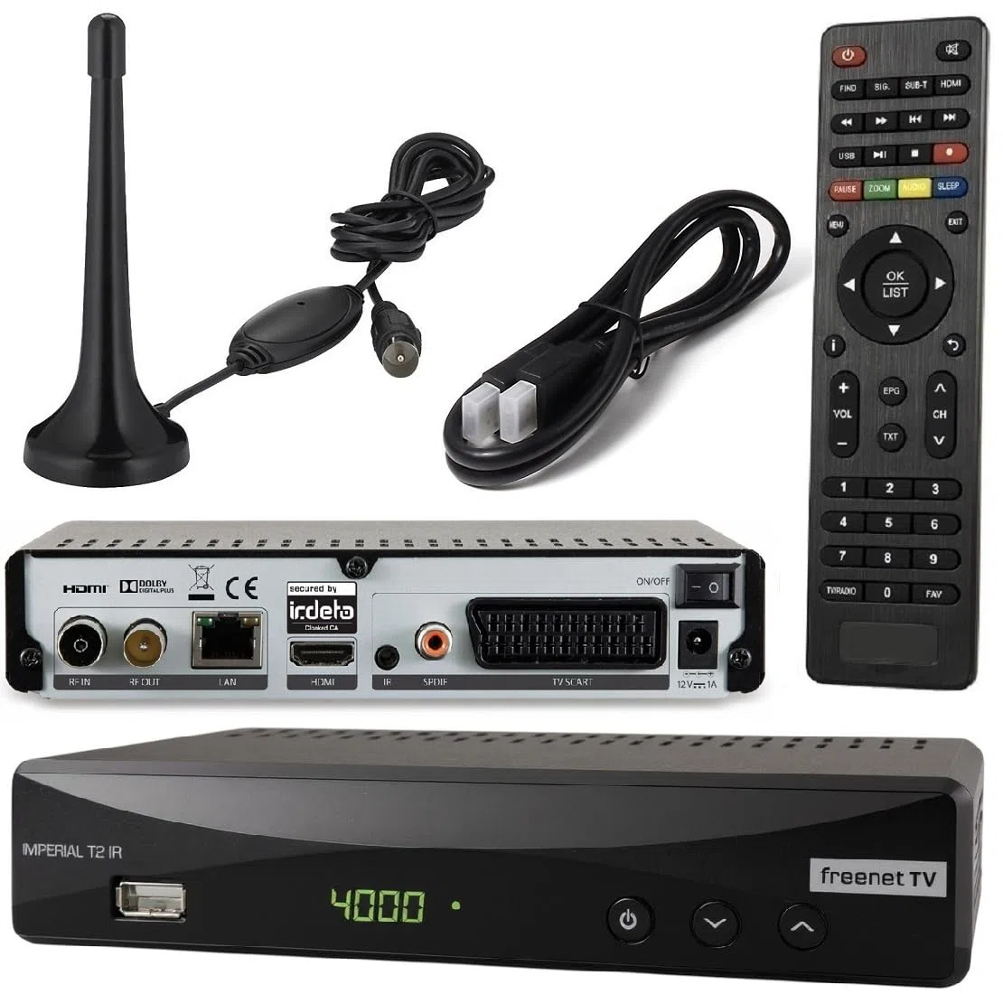 Imperial T2 IR Plus DVB-T2 Receiver (Inkl. 3 Monate FREENET TV) + DVB-T Antenne + netshop 25 HDMI Kabel, PVR Ready, HDMI & SCART, USB, HDTV mit Aufnahmefunktion und Time-Shift