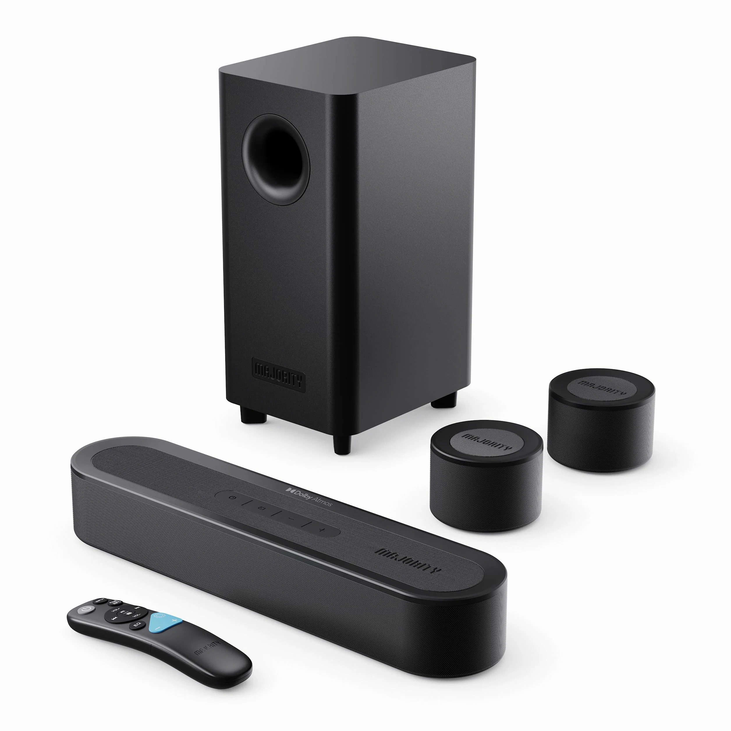 MAJORITY Bowfell Halo Atmos Soundbar für TV Geräte | 300W Lautsprecher für Fernseher mit Subwoofer | 5.1 Dolby Atmos Heimkino Surround Sound System mit HDMI eARC | Mini Sound Bar PC Bluetooth