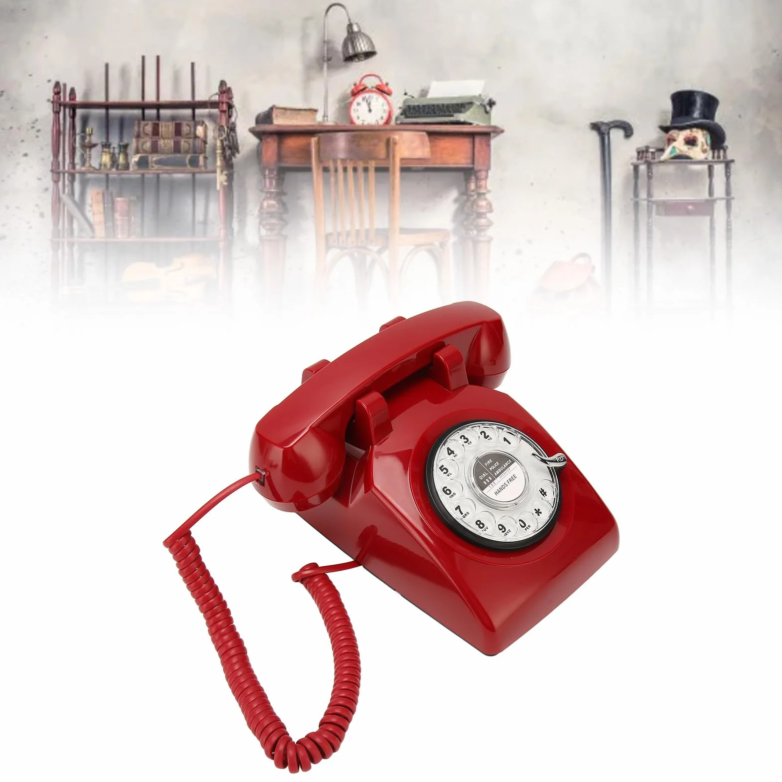 Wählscheibentelefon, Antikes Vintage-Festnetztelefon, mit Mechanischem Klingelton, Anrufbeantworter und Anrufer-ID, für Heimdekoration, Büro, Schreibtisch (Rot)