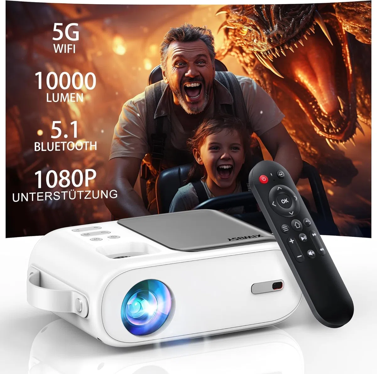 Beamer, XIWBSY 10000 Lumen Mini Beamer 1080P Unterstützt, 5G WiFi LED Heimkino Portable Beamer Klein, Beamer Bluetooth Kompatibel mit TV Stick/X-Box/DVD/Laptop/Smartphone/Android/HDMI