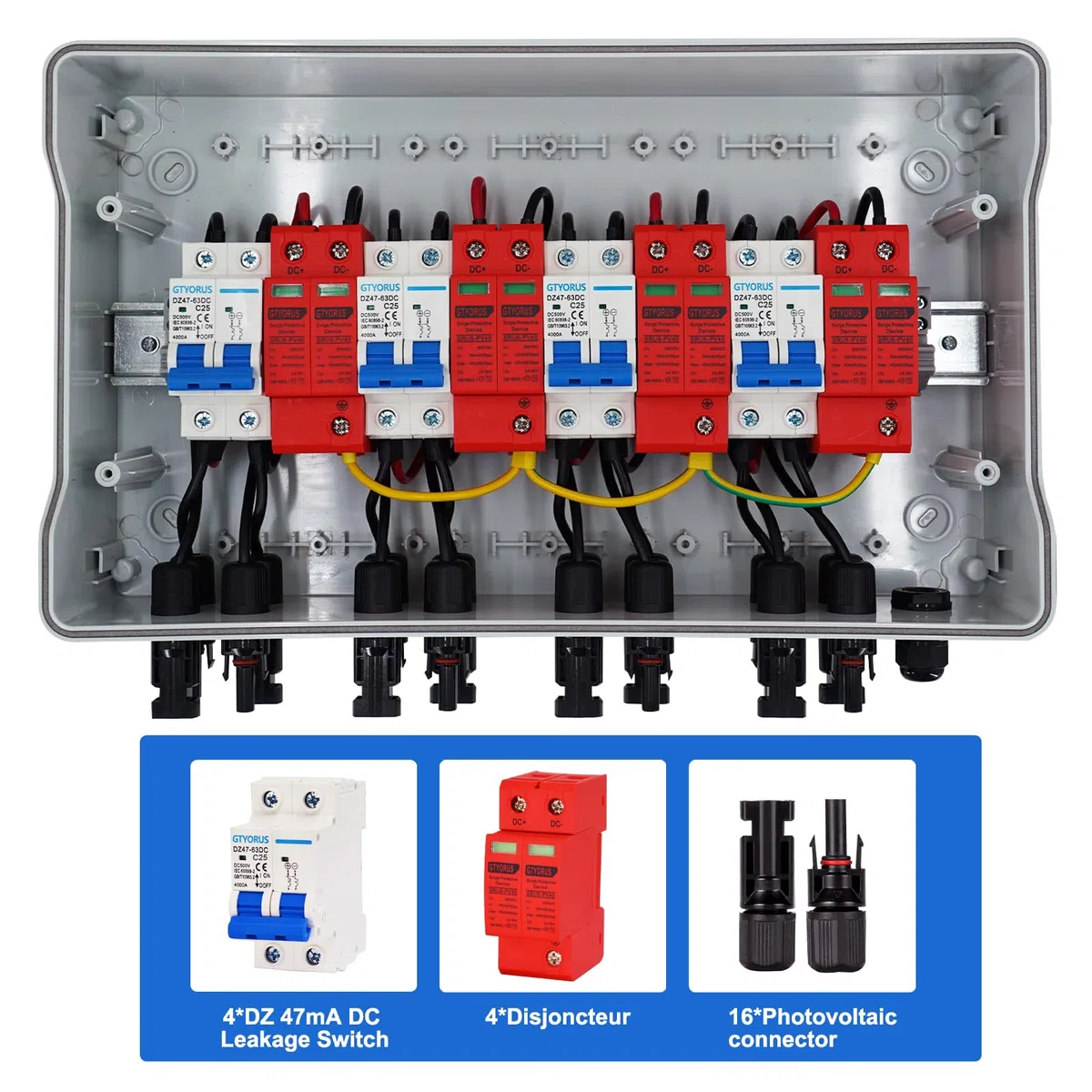 Überspannungsschutz PV DC Trennschalter Blitzschutz Leitungsschutzschalter DC 4 String 500V 25A Solar Spannungsschutz IP65 Wasserdicht Solar Anschlusskasten für Photovoltaik (4 in 4 out）