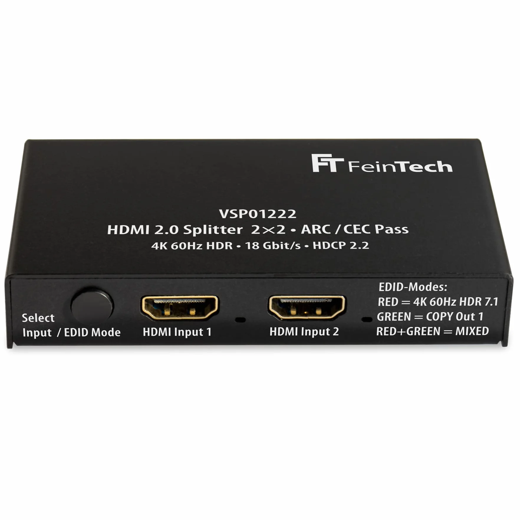 FeinTech VSP01222 HDMI 2.0 Splitter 2 Eingänge 2 Ausgänge Scaler ARC Pass für AV-Receiver 4K 60Hz HDR