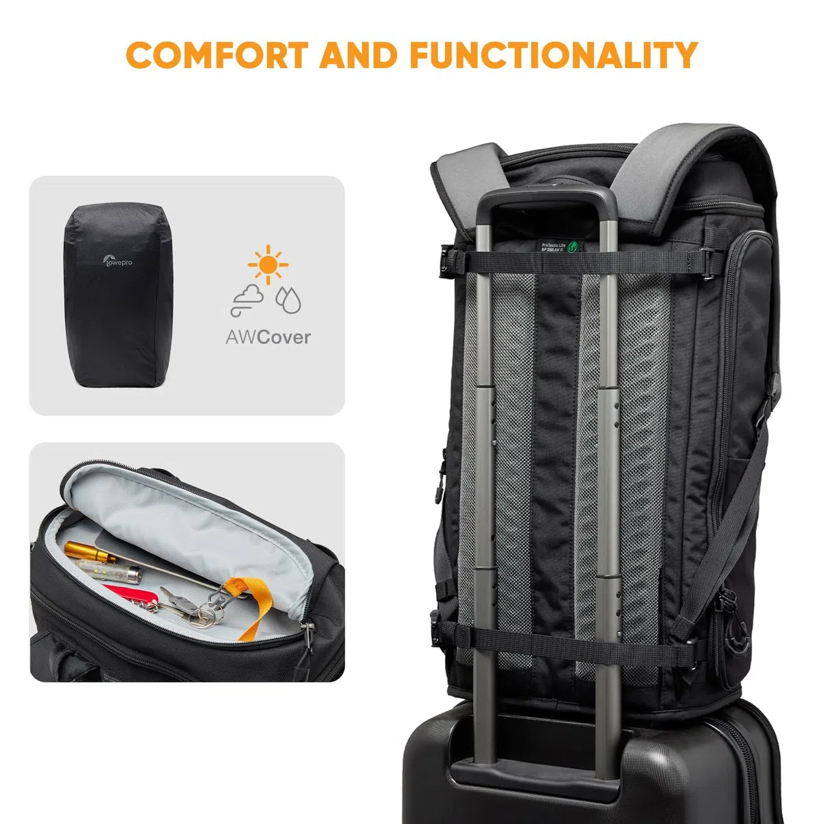 Lowepro ProTactic Lite BP 250 AW III Laptop-Rucksack, Zugriff Oben u. seitlich, Profi-Kameratasche, DSLR/Drohnen/spiegellose Kameras, bis zu 16" Laptop, Regenhaube, für Foto-/Videografen, Volumen 30l