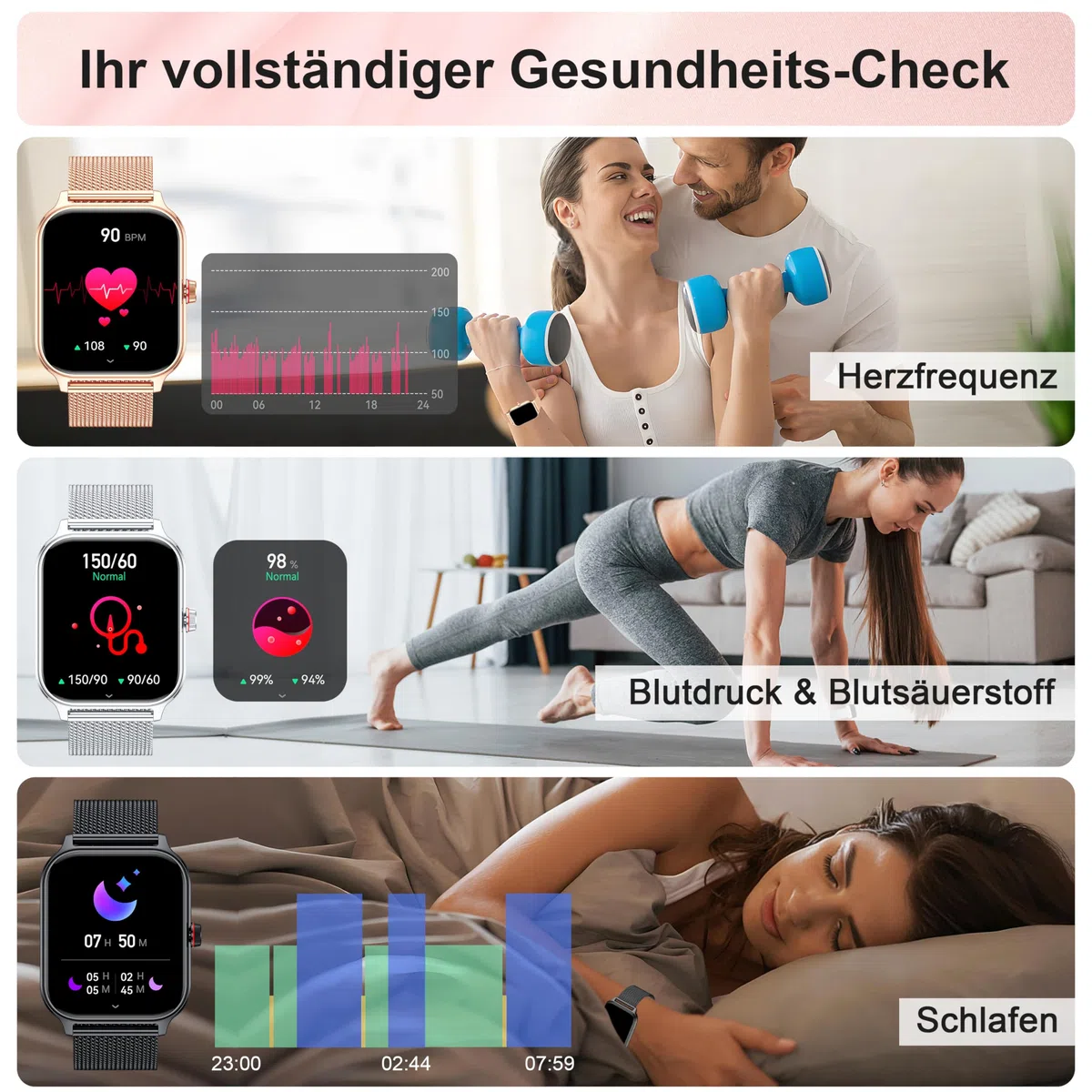 LODIMEKE Smartwatch Herren Damen Telefonfunktion Blutdruck Herzfrequenz Schlaf 1.96'' AI Fitnessuhr IP67 wasserdicht Schrittzähler