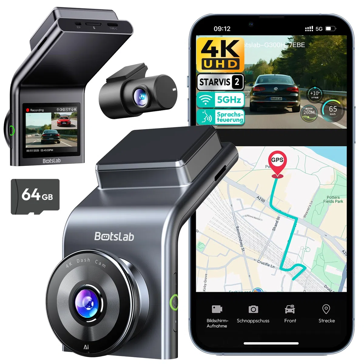 BOTSLAB 4K Dashcam Auto Vorne Hinten mit STARVIS 2 Sensor, WDR Dual-Kanal, 64GB SD-Karte, Super Nachtsicht, Sprachsteuerung, 5,8GHz Wi-Fi, GPS, bis 256GB