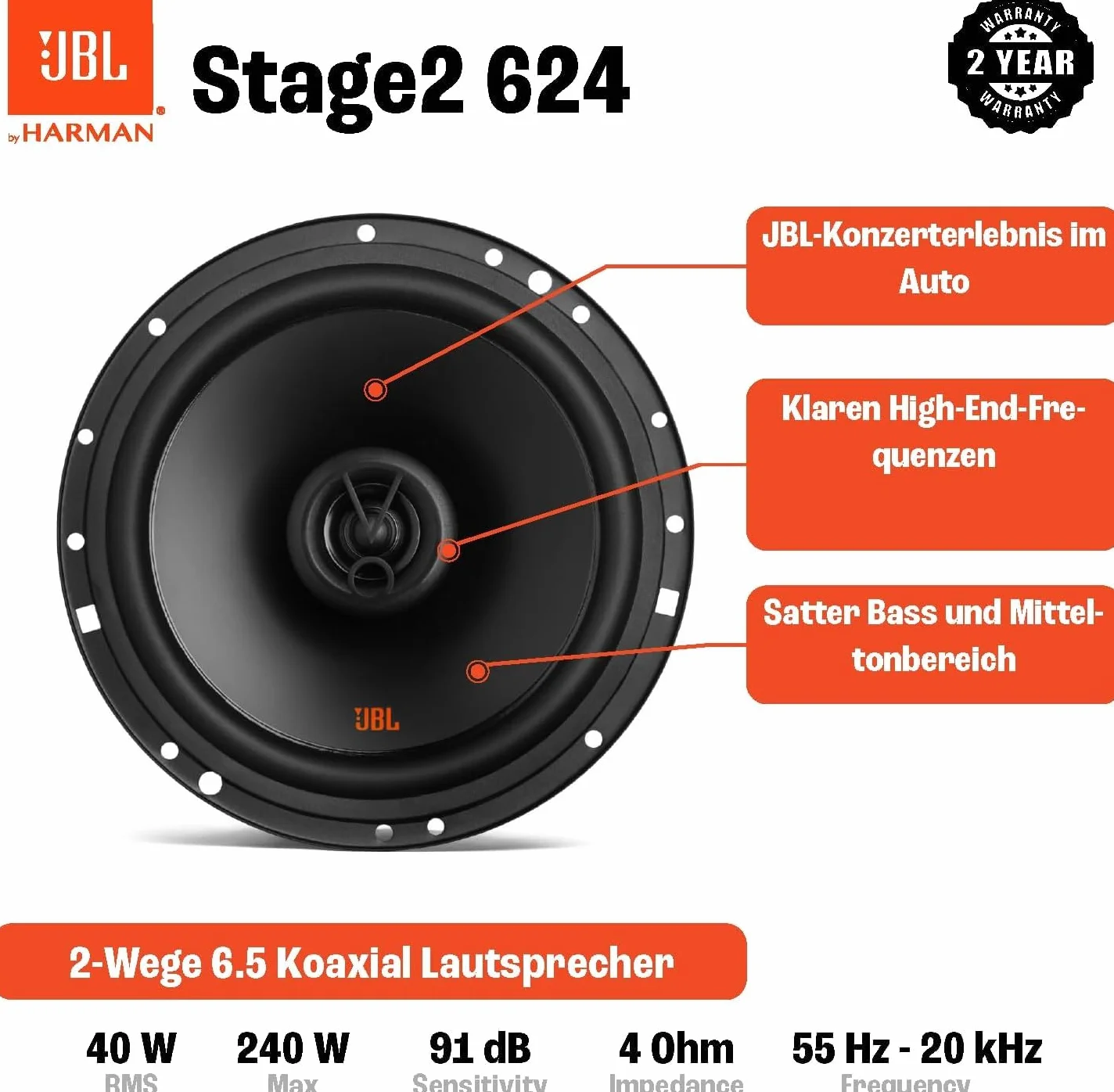 JBL Stage2 624 2-Wege Auto Lautsprecher Set von Harman Kardon - 240 Watt KFZ Autolautsprecher Boxen 16 - 17 cm