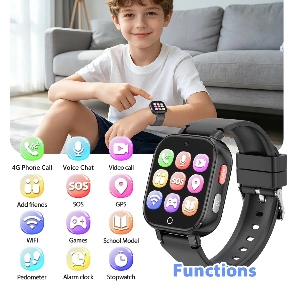 4G Smartwatch Kinder mit Videoanruf GPS SOS IP68 Wasserdicht Schulmodus Schrittzähler Kinderuhr Geschenk Jungen Mädchen 4-12 Jahren Schwarz