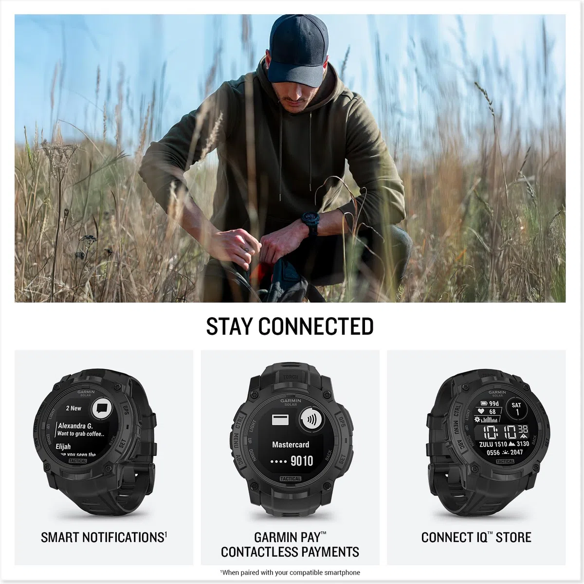 Garmin Instinct® 3 Tactical Edition, 45 mm, solarbetriebenes Display, robuste Outdoor-GPS-Smartwatch | Outdoor GPS Smartwatch, Solar Charging, Dedizierte taktische Funktionen, metallverstärkte Lünette, eingebaute Taschenlampe