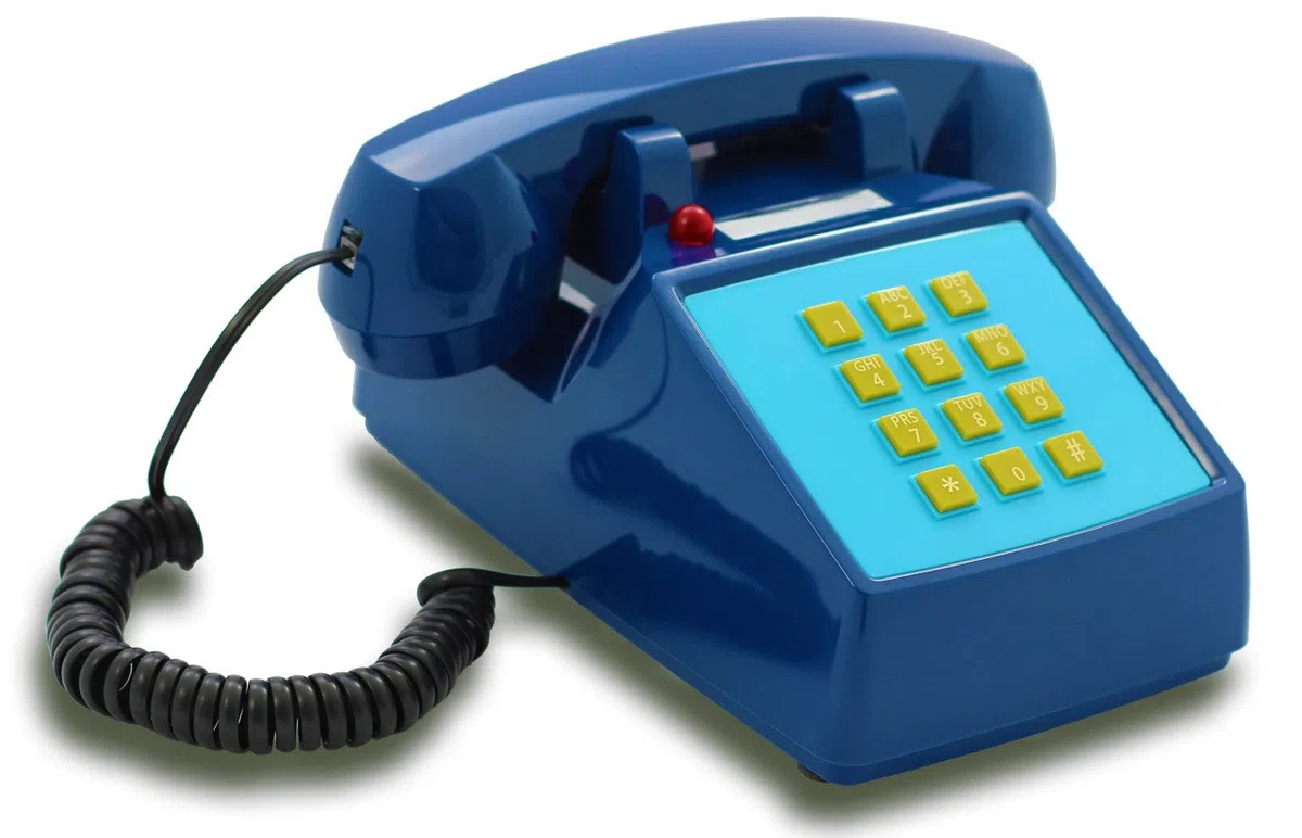 Opis Technology PushMeFon Cable: 1970er Designer Retro Tastentelefon Schnurgebunden/Festnetztelefon Schnurgebunden/Retro-Telefon in modernen Farben mit Metallklingel (dunkelblau)