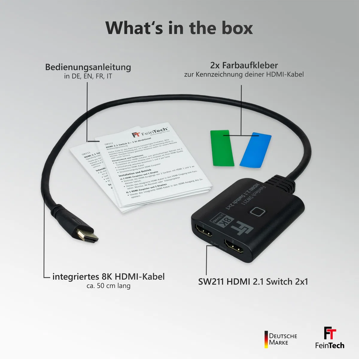 FeinTech SW211 HDMI 2.1 Switch 4k 120Hz 2 in 1 Out oder 1 in 2 umschaltbare Ausgänge (bidirektional) mit integriertem HDMI-Kabel, 8K, 48Gbps, unterstützt HDR, VRR, ALLM und Dolby Vision