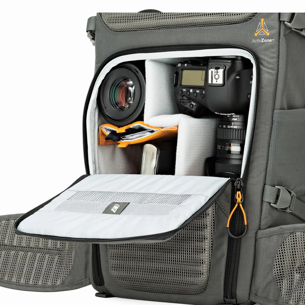 Lowepro Flipside Trek 450 Rucksack, Kamerarucksack für DSLRs und mehrere Objektive, Kamerarucksack für Laptop, Tablet, Fotozubehör, Stativ, grau, 17 x 26 x 31 cm