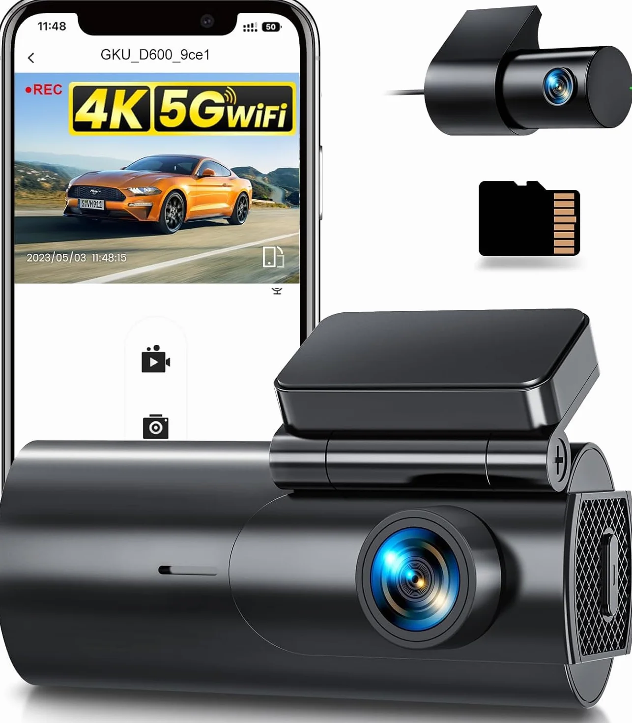 GKU 4K Dashcam Auto Vorne Hinten, 5GHz WiFi Dashcam mit 64GB SD Karte, Auto Kamera mit Parküberwachung, Super Nachtsicht, WDR, 170° Weitwinkel, G-Sensor, Loop-Aufnahme, APP Steuerung, Max 256GB