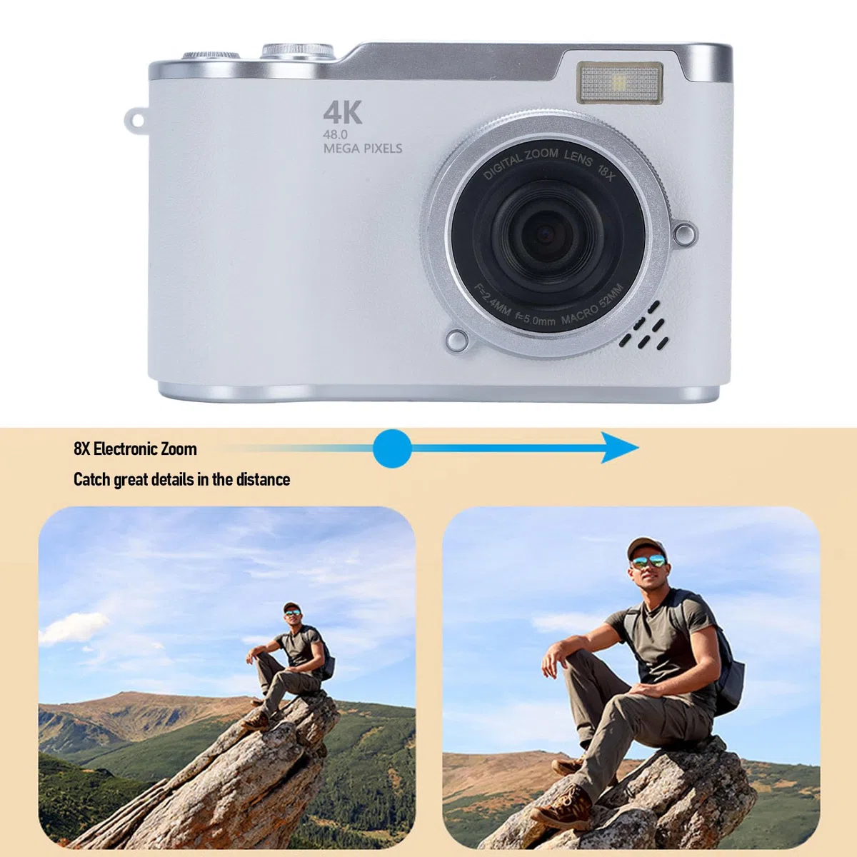Digitalfotografie Kamera 1080p 48 MP 2,4 -Zoll -HD -Display 8X Elektronische Zoom Videokamera für Outdoor -Fotografie (White)