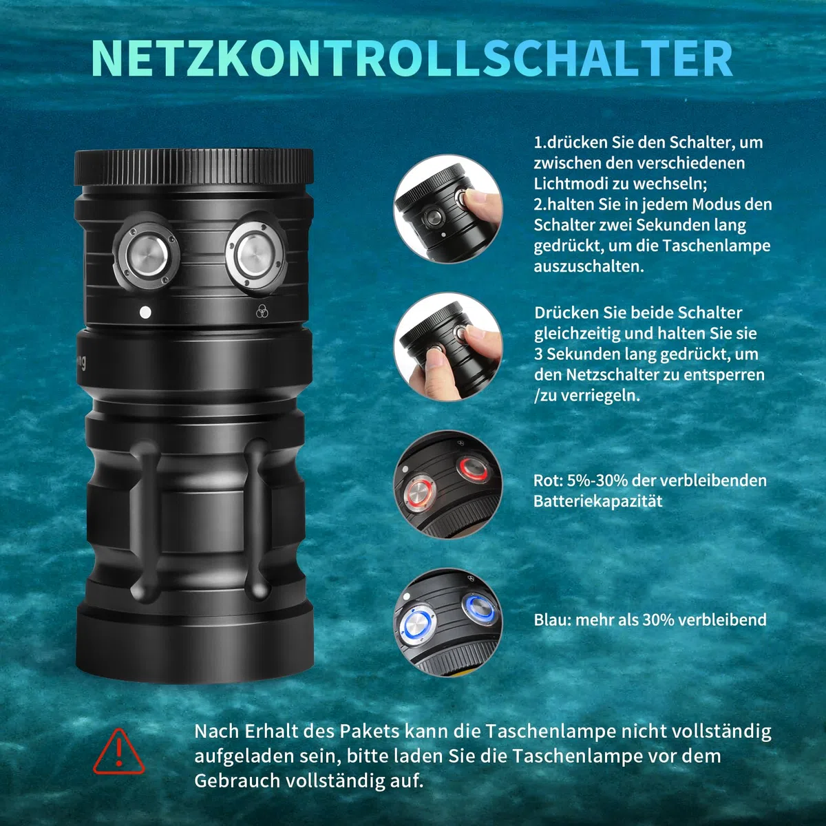 SE 8500 Lumens Tauchlampe - Professionelle Unterwasser-Videoleuchte mit 92 CRI, 5200K Weißes Licht, USB-C Aufladbar, für Tauchen/Unterwasserfotografie (IP68 Wasserdicht, 100m Tiefe)