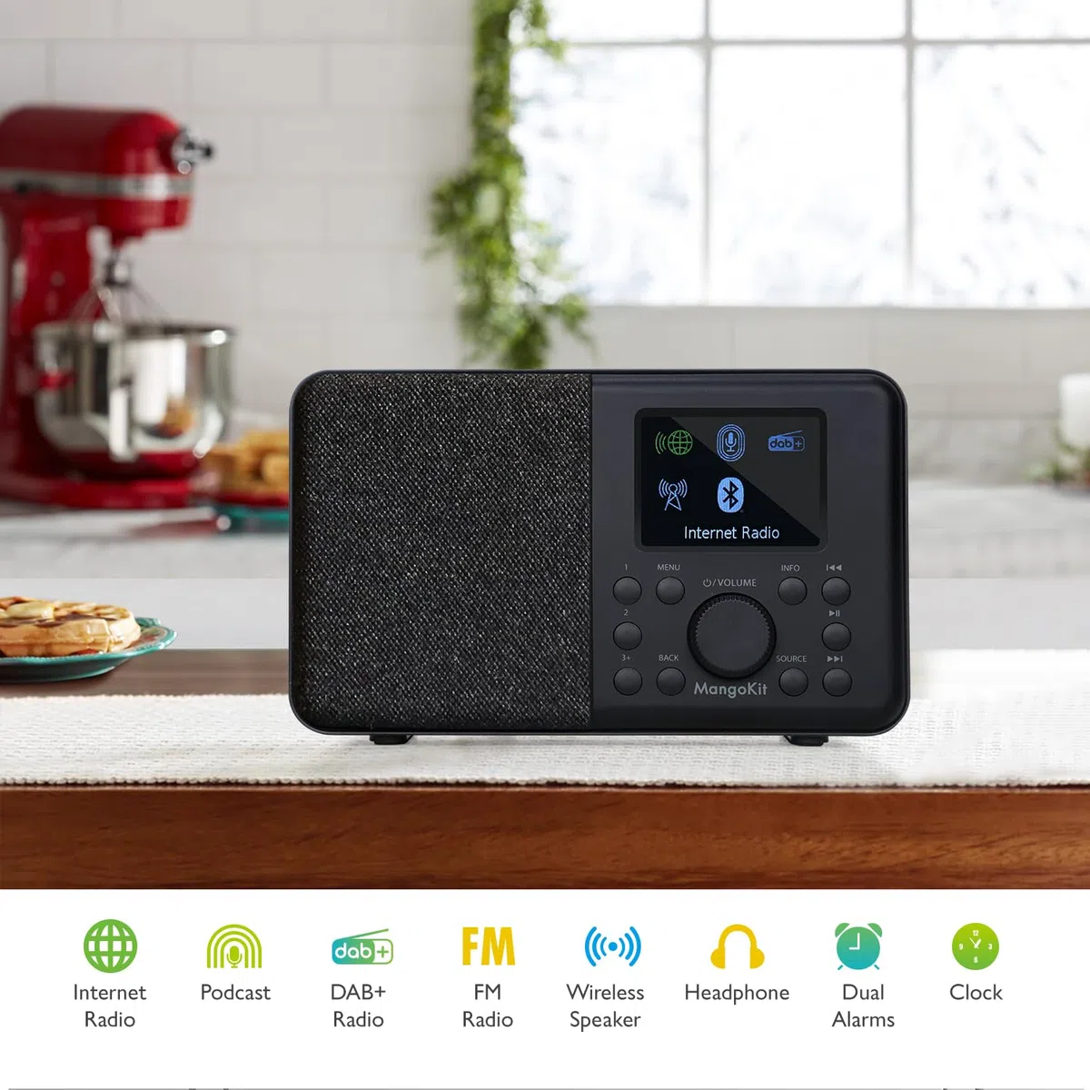 SR10 Internet Radio mit DAB/DAB+,WIFI Radio mit Podcast Player,Smart DAB Radio mit Bluetooth,FM Radio,Küchenradio mit Netz- und Batteriebetrieb,Farbdisplay,Doppelalarm,Presets Support-Schwarz
