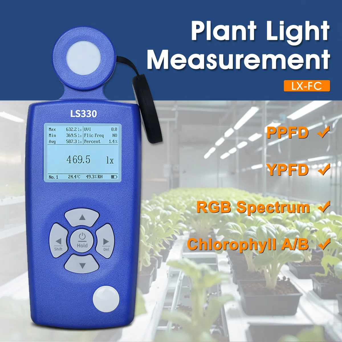 Luxmeter Digital, Spektral Lichtmessgerät mit PPFD, UV-Index & Flicker Messung, Hochpräzises Beleuchtungsmessgerät mit Farbtemperatur & CRI für LED, Pflanzen, Gewächshaus & Arbeitsplatz
