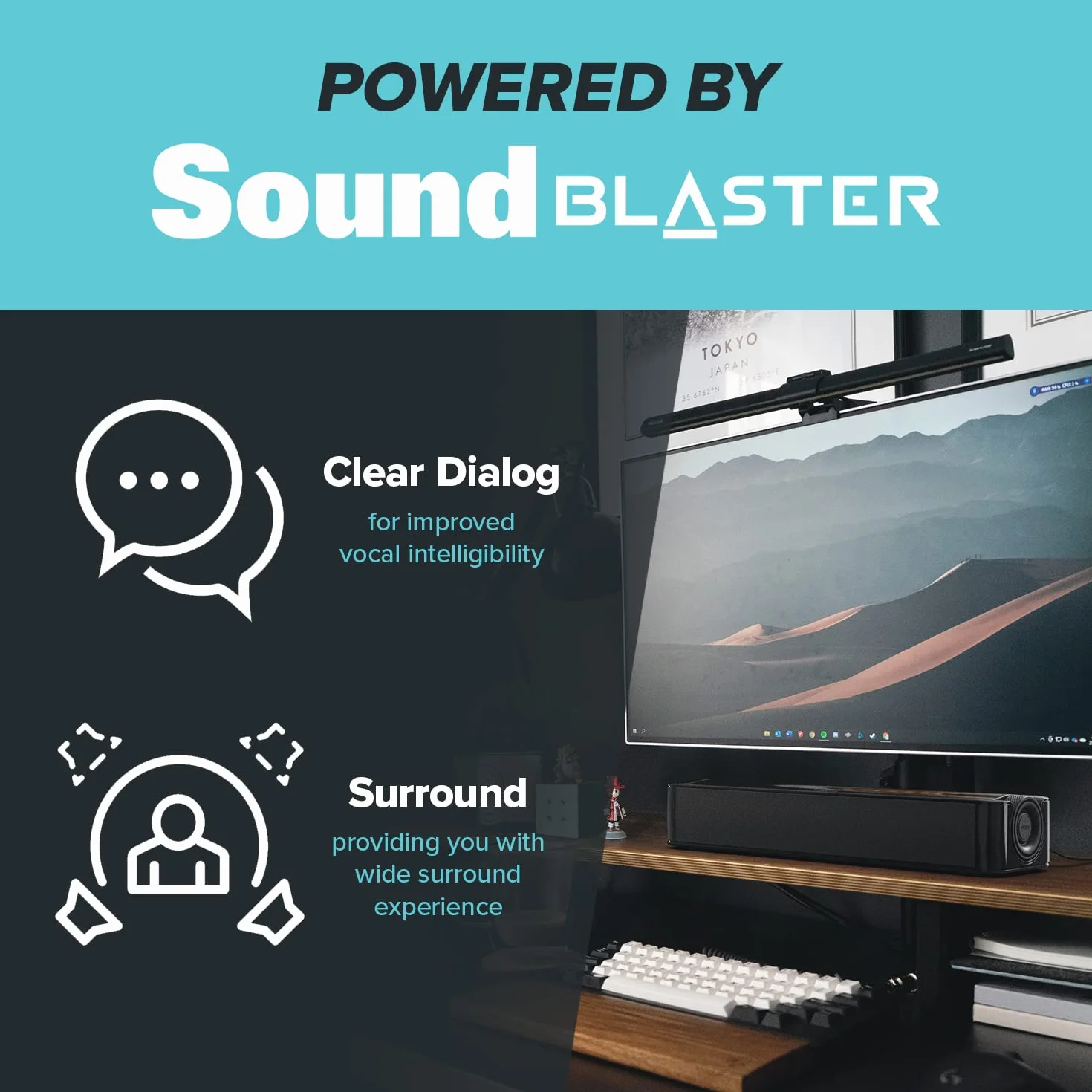 Creative Stage SE Under-Monitor Soundbar mit USB Digital Audio und Bluetooth 5.3, Clear Dialog und Surround by Sound Blaster, Stromversorgung über Adapter