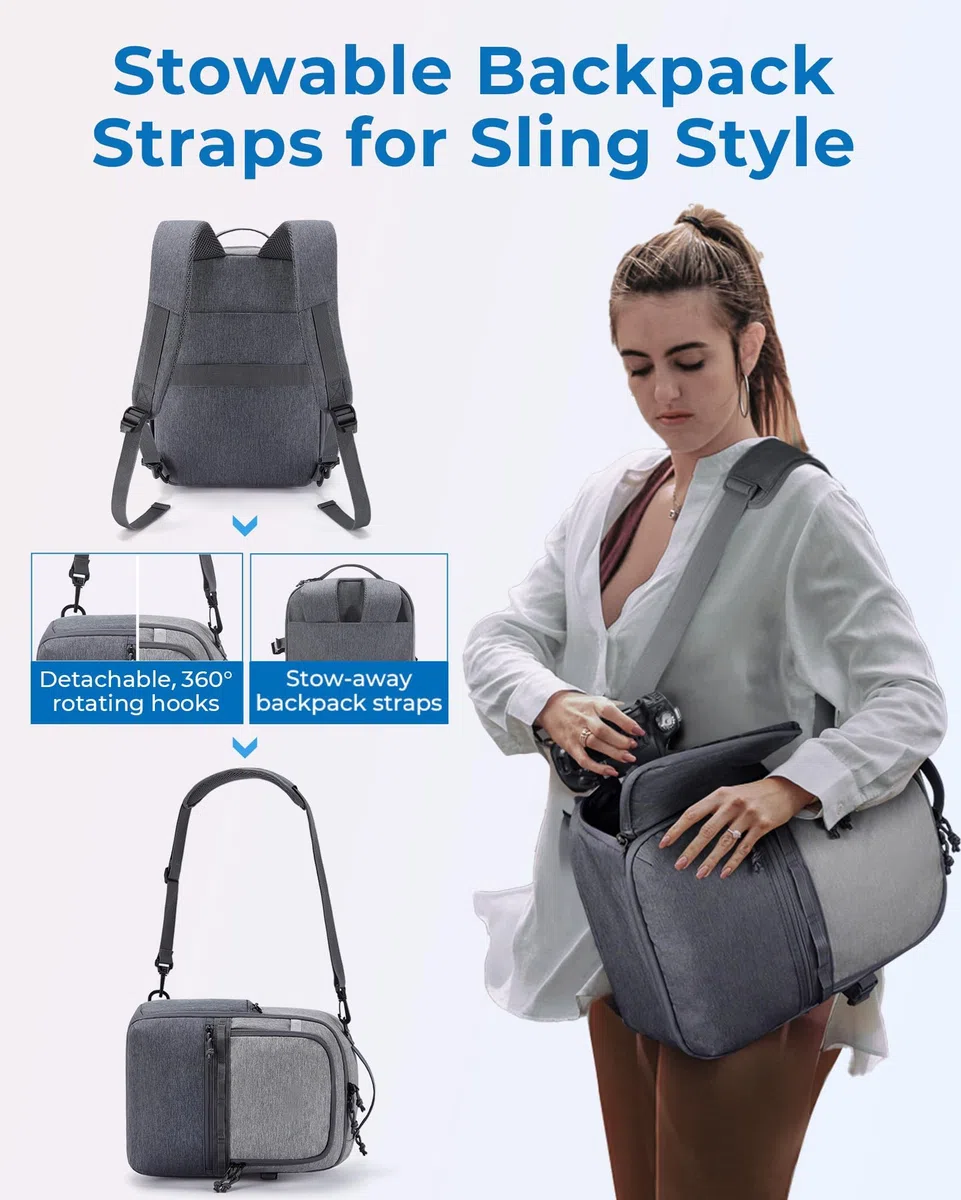 Kompakter 2-in-1 Kamerarucksack für Fotografen, kompatibel mit Sony Canon Nikon DSLR Kameras und 12,9 Zoll Tablet, umwandelbar in Umhängetasche für vielseitige Reisen, Beige, grau, L, Casual