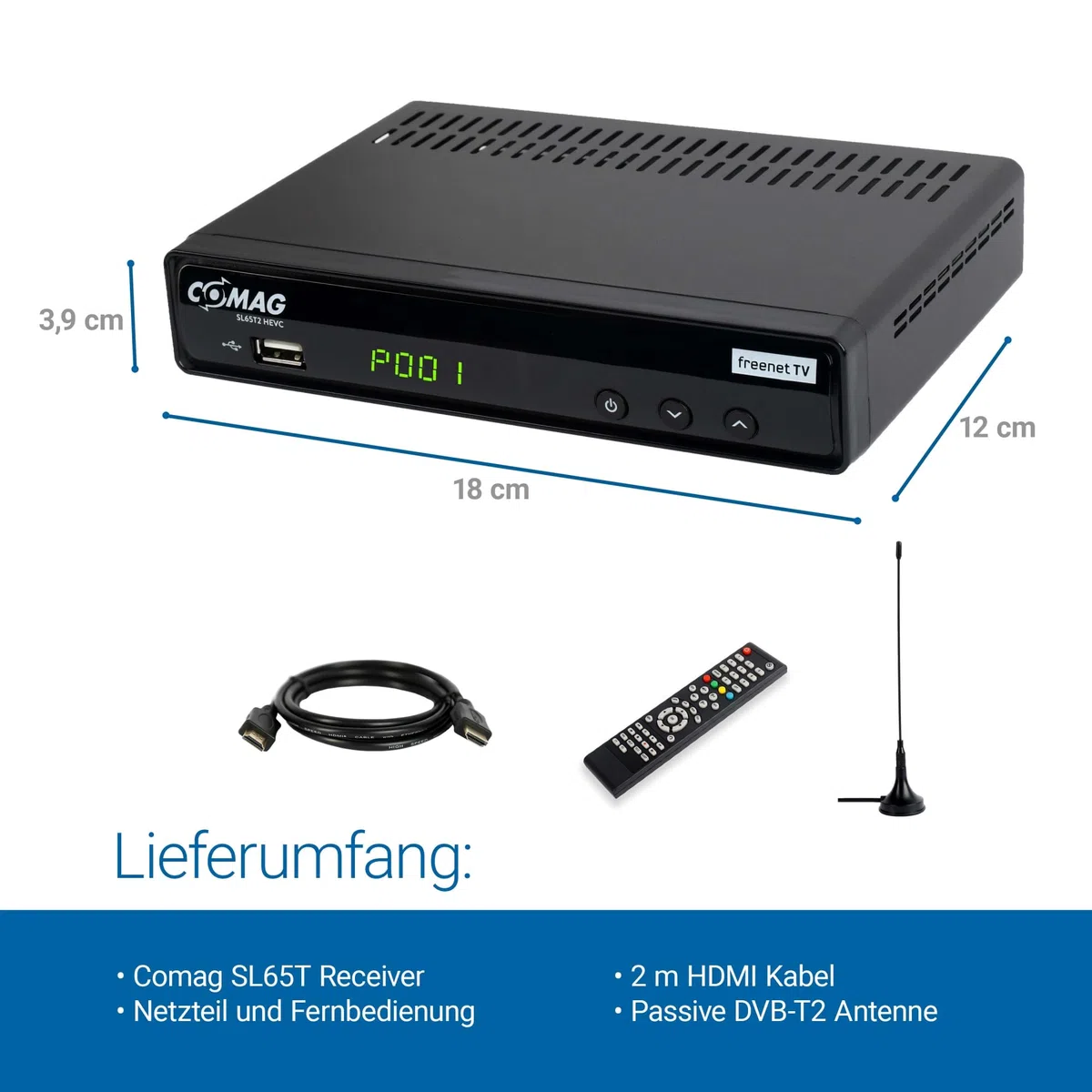 Sky Vision COMAG SL65T2 DVB-T2 Receiver, Freenet TV (Private Sender in HD), PVR Ready, Full-HD 1080p, HDMI, SCART, Mediaplayer, USB 2.0, 12V tauglich, 2m HDMI Kabel und DVB-T2 Antenne