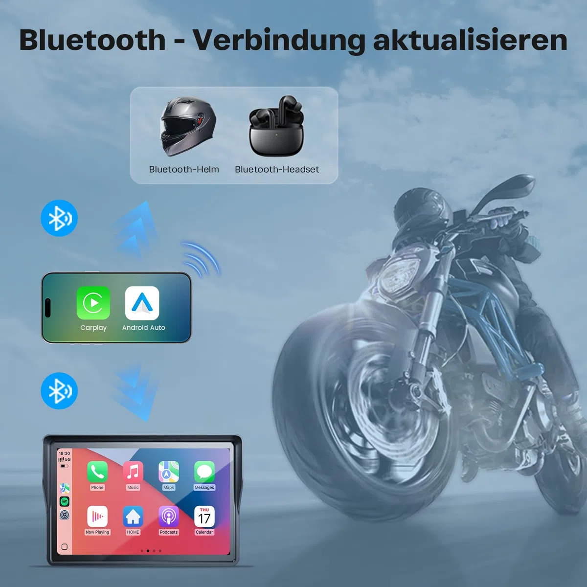 WonVon 5 Zoll Motorrad Carplay Display Motorrad Navigationsgeräte mit Motorrad Navi CarPlay & Android Auto Wasserdicht Motorräder Display mit Bluetooth Sprachassistenten Magnetische Halterung