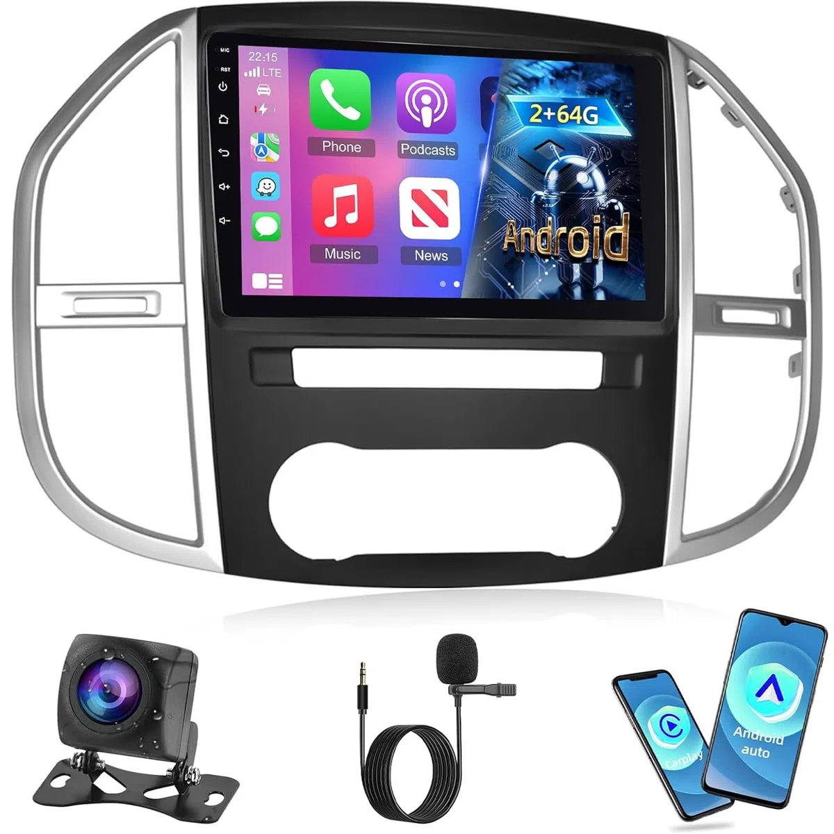 NHOPEEW 2+64G 10.1 Zoll Android Radio für Mercedes Benz Vito W447 2014-2020 - Wireless CarPlay & Android Auto GPS Navigation, Lenkradsteuerung, FM RDS, Split-Screen + Rückfahrkamera