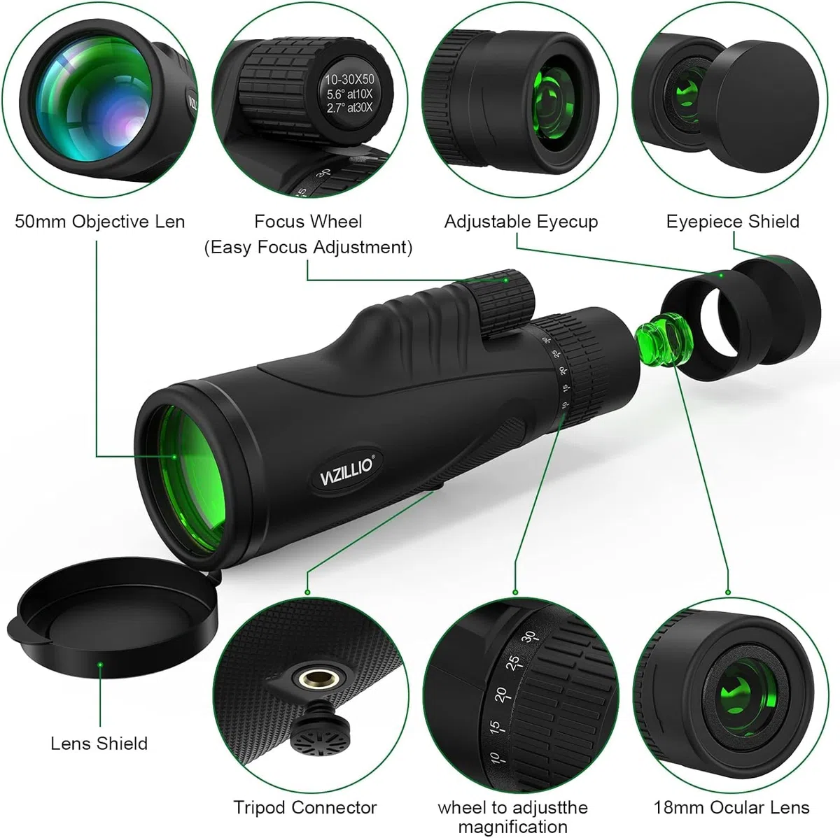 Monokular Teleskop 10-30x50 HD Monokulare Fernrohr mit Smartphone-Halter und Stativ, Wasserdicht Handy Monokular für Wildtiere Vogelbeobachtung Jagd Camping Reisen Wildtiergeheimnis