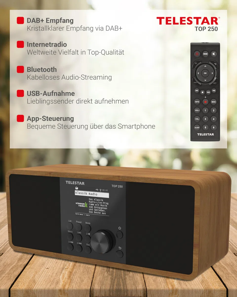 TELESTAR TOP 250 – DAB+/Internetradio, Stereo – Holz | 2 × 10 Watt, Bluetooth Audio-Streaming & Sendefunktion, USB-Aufnahme, Notfallwarnsystem, App-Steuerung