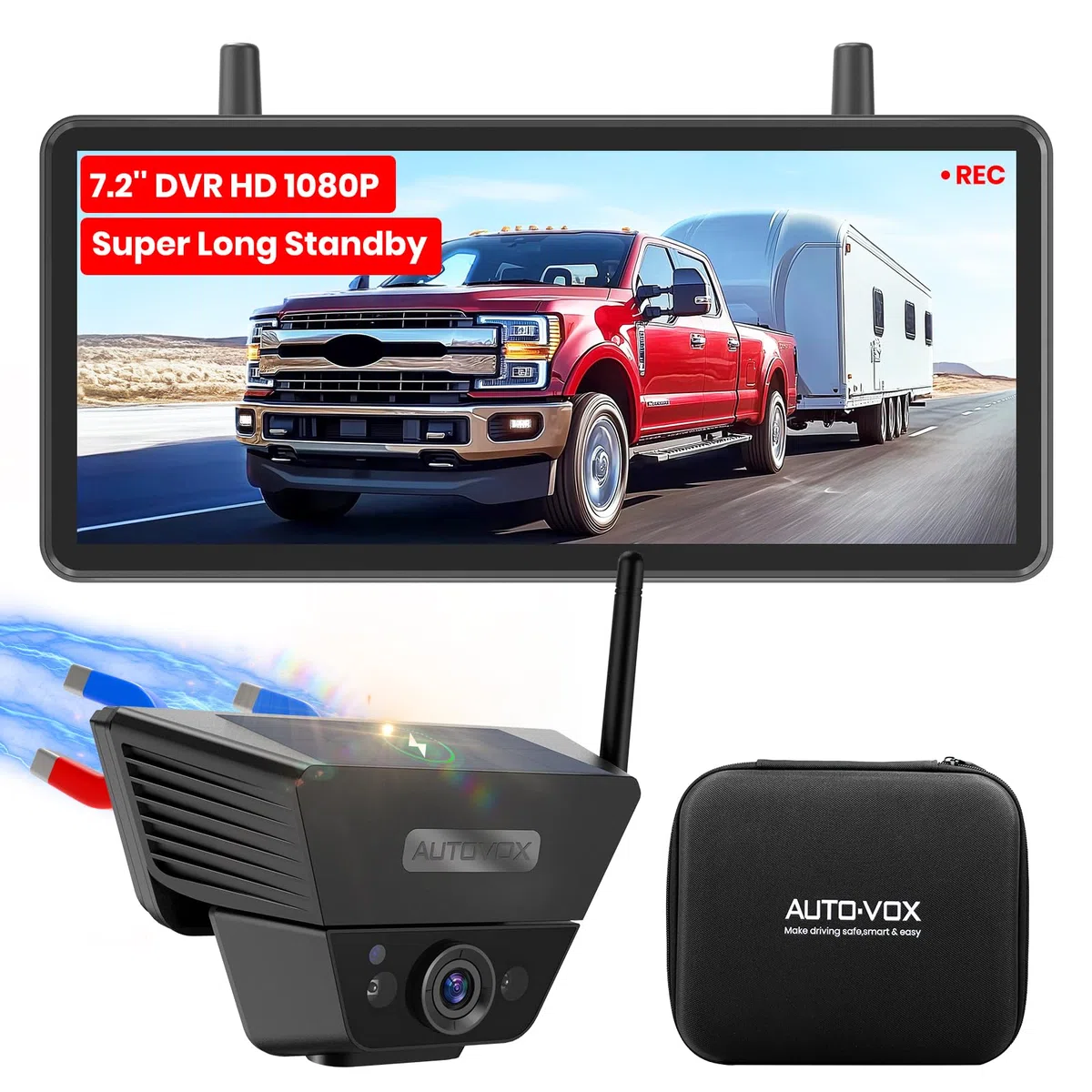 AUTO-VOX Solar Rückfahrkamera Kabellos 7,2" 1080P Display für LKW Anhänger Van Wohnmobile