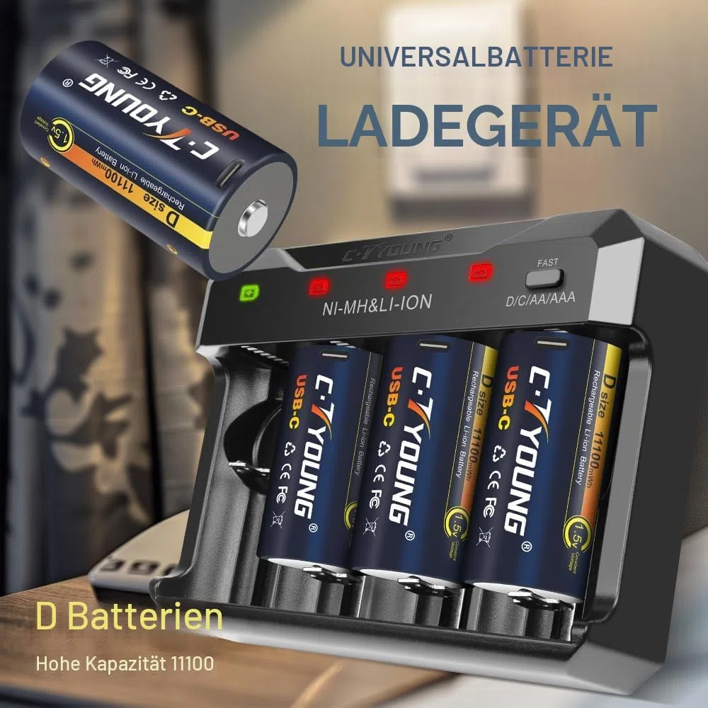 Wiederaufladbare D Batterien, 4er-Pack, 1,5V Lithium, 11000mWh | USB Typ-C Universalladegerät, Kompatibel mit AA, AAA, C, D, Hohe Kapazität