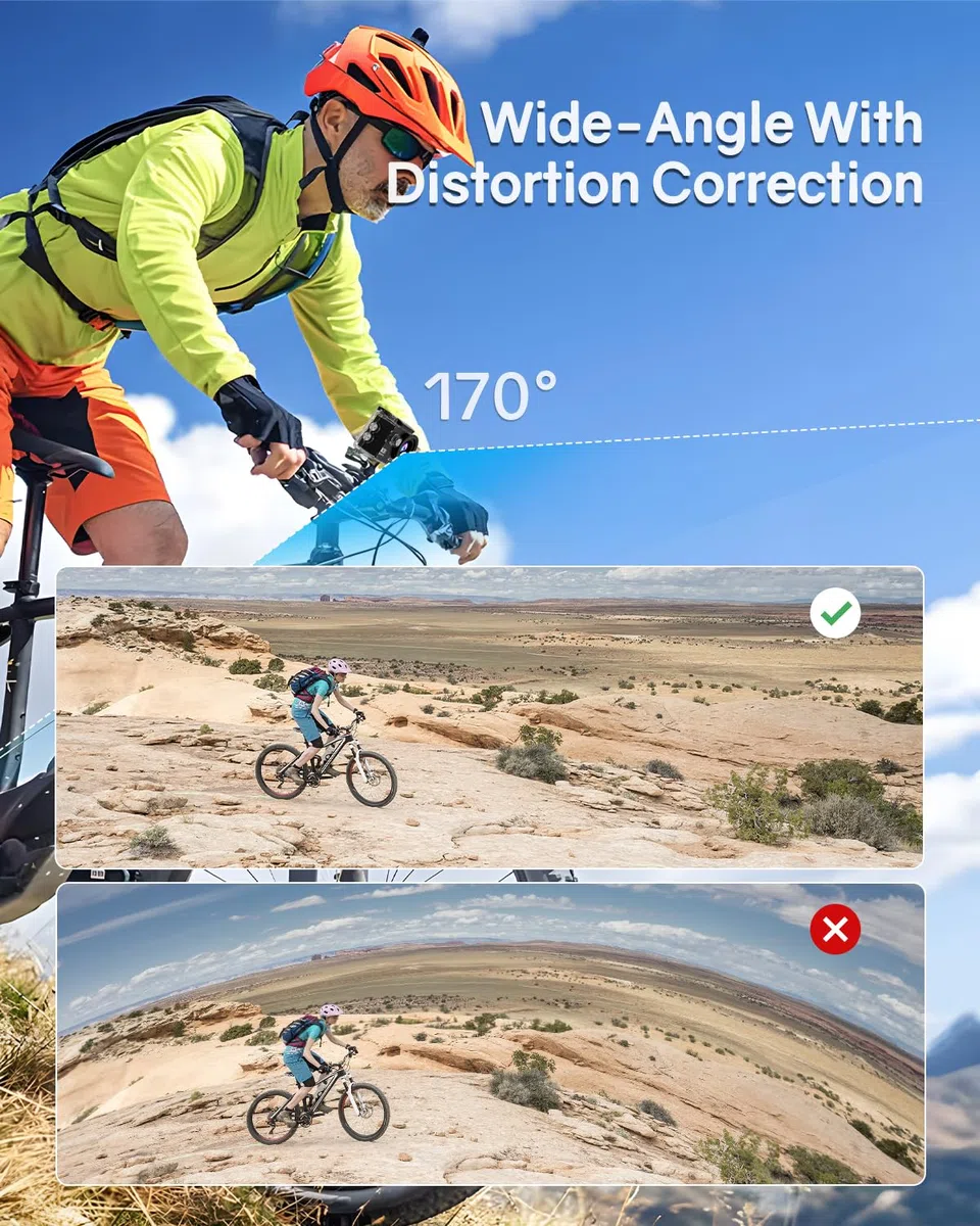 4K60FPS Action Kamera, 40M wasserdichte Action Cam Unterwasserkamera mit 64 GB SD-Karte, 6-Achsen-Stabilisierung, Motorradkamera mit 8-Fach-Zoom und 2,4-GHz-Fernbedienung, Helmzubehör