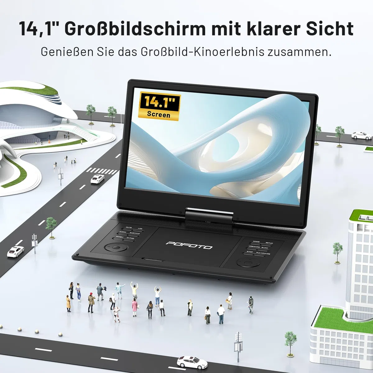 POFOTO 15,7" Tragbarer DVD-Player mit 14,1" HD-Schwenkdisplay, 6h Akkulaufzeit, Zonenfrei, Unterstützt Mehrere Formate/SD/USB, TV/Beamer-Anschluss, Stereo-Lautsprecher, Speicherfunktion, Schwarz