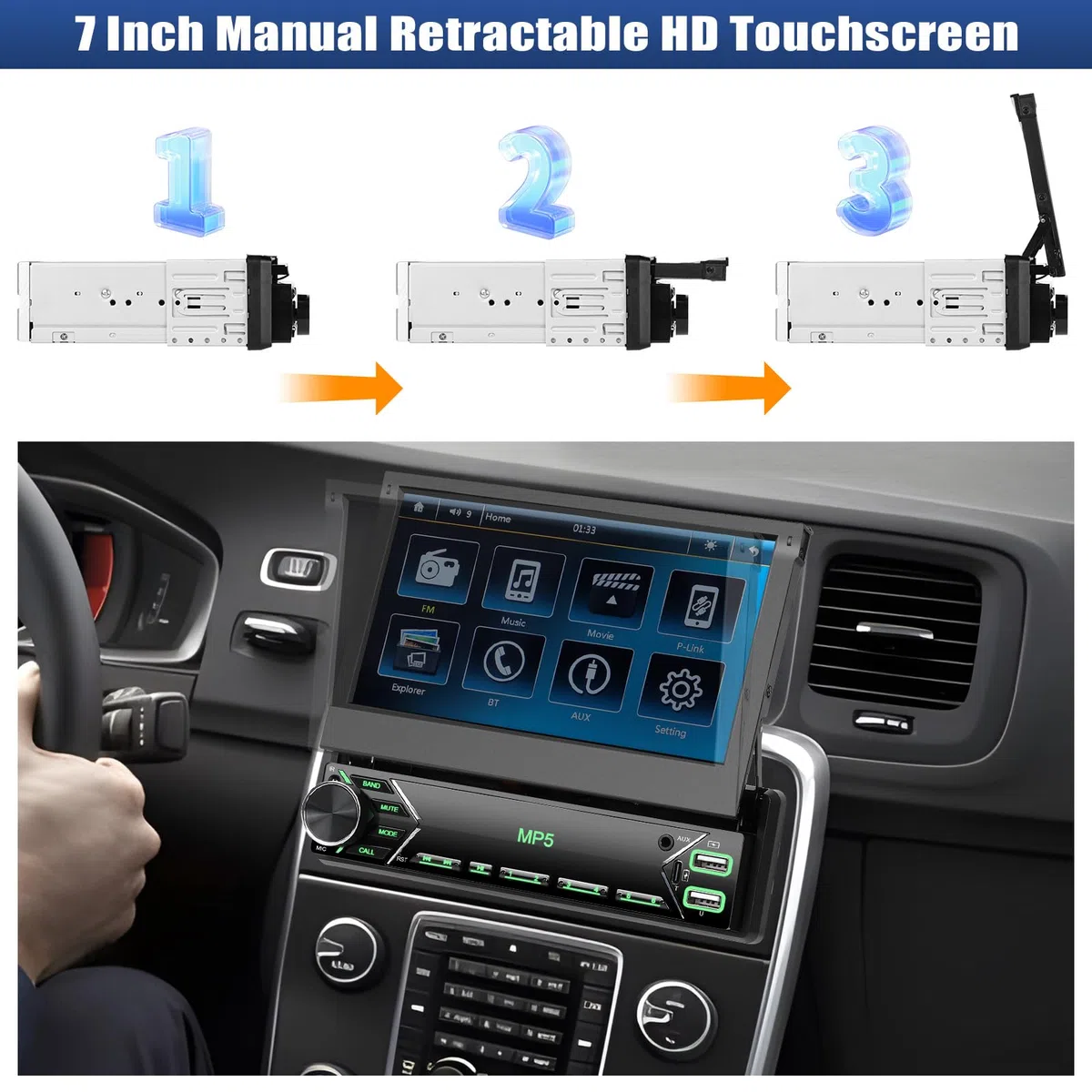 CAMECHO Autoradio 1 Din mit Bluetooth Radio Manuelle Ausfahrbarem Display mit Mirror Link FM/AM RDS Lenkradsteuerung USB/AUX +Rückfahrkamera
