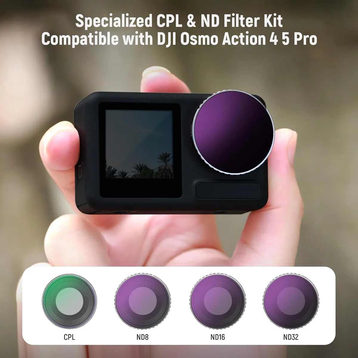NEEWER CPL & ND Filter Set kompatibel mit DJI Osmo Action 4/Action 5 Pro (4er Pack), Anschrauben Polfilter CPL+ND8+ND16+ND32 Action Kamera Zubehör, mehrfach beschichtetes optisches, FL-A12