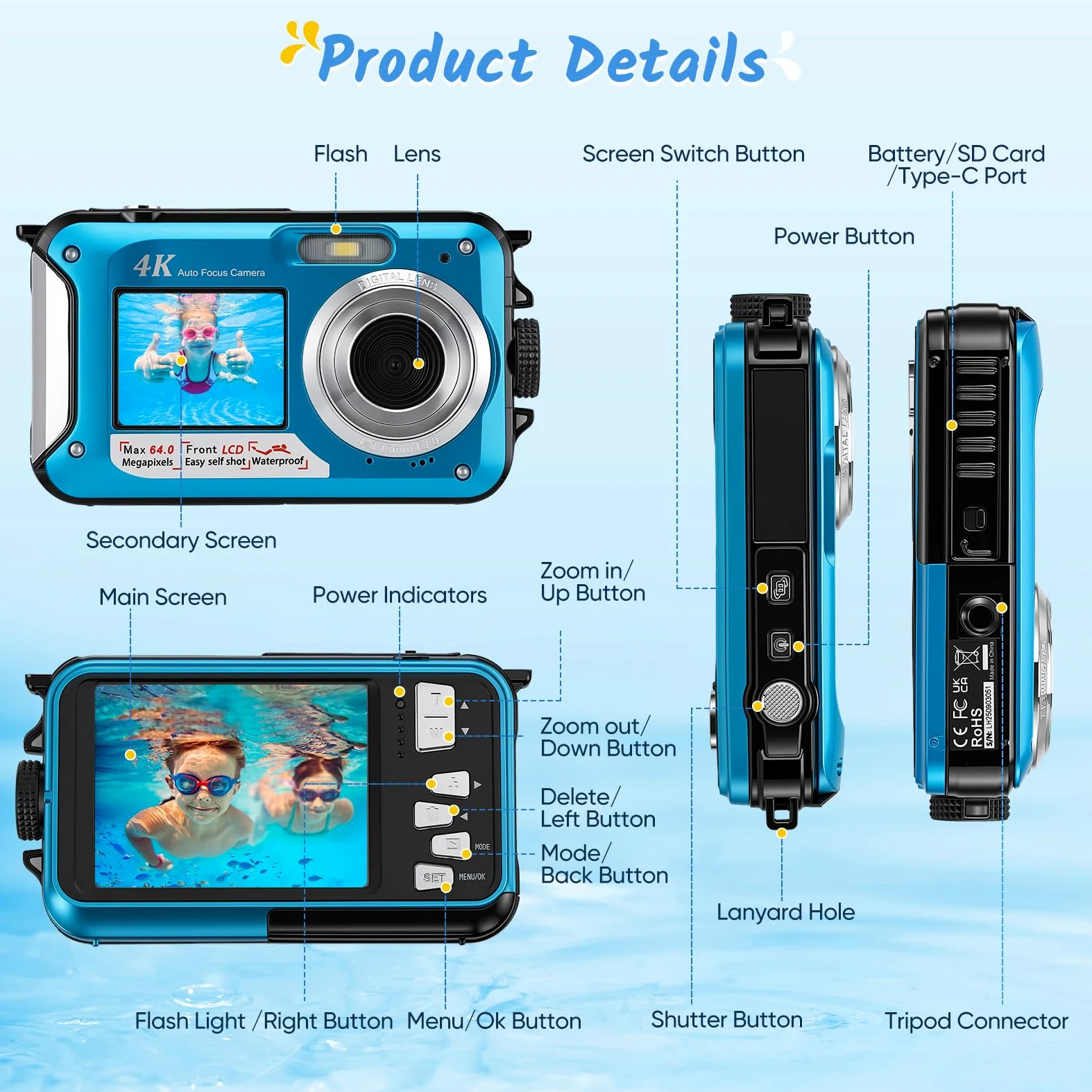 Unterwasserkamera 64MP mit Autofokus & 4K Video, IP68 Wasserdicht Kamera bis 16FT, Digitalkamera mit 32GB Karte, Duales Display, 16X Zoom für Schnorcheln, Blau