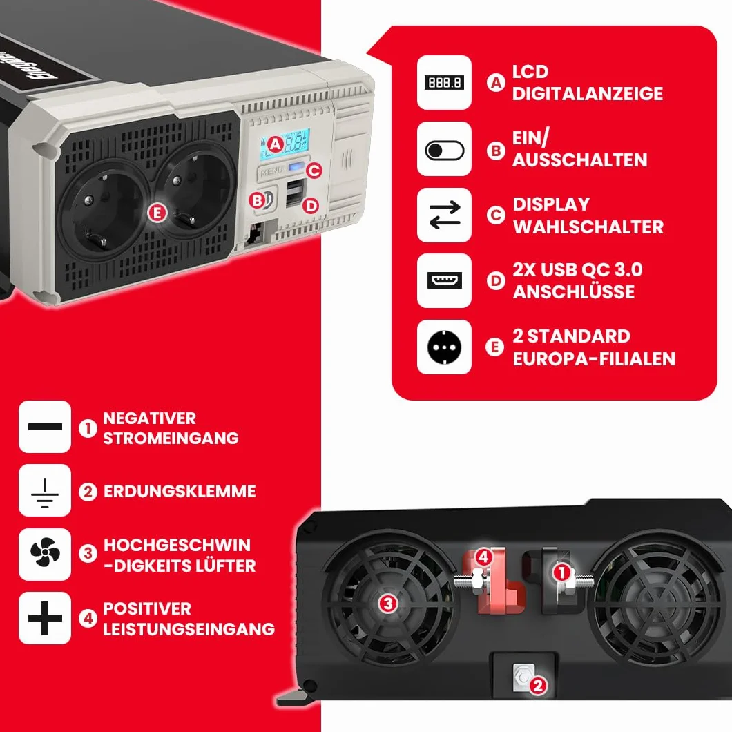 Energizer 1100 W /2200 W 12 V auf 230 V Reiner Sinus Auto Wechselrichter mit AC Netzteil, 2 USB Ports und Batteriefach, DC zu AC Konverter mit Einbauset