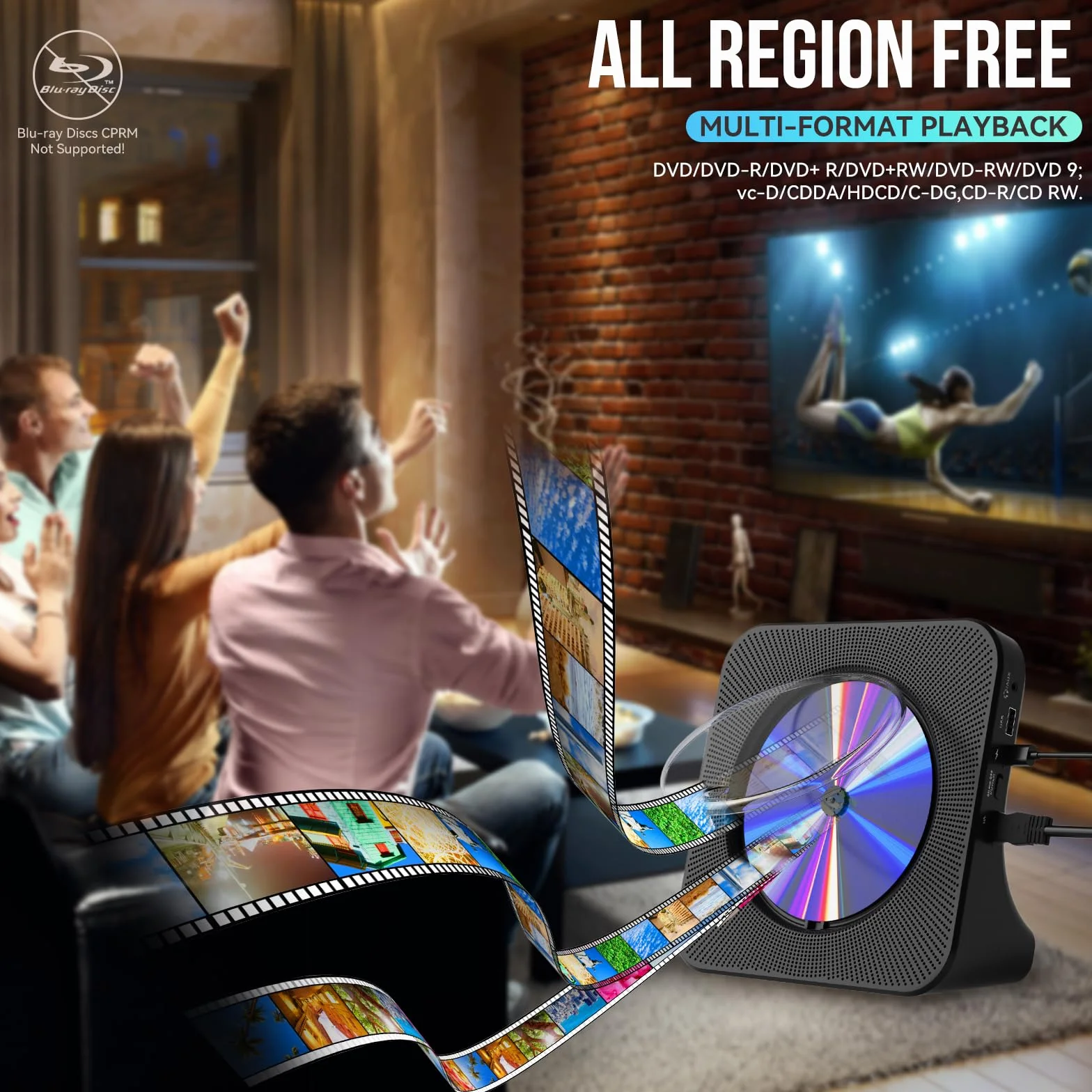 Gueray DVD Player für TV All Region Free Desktop DVD/CD Player für Zuhause mit Bluetooth Lautsprechern Display Wecker FM Radio mit CD Player USB Card Playback Inklusive Fernbedienung HDMI Kabel