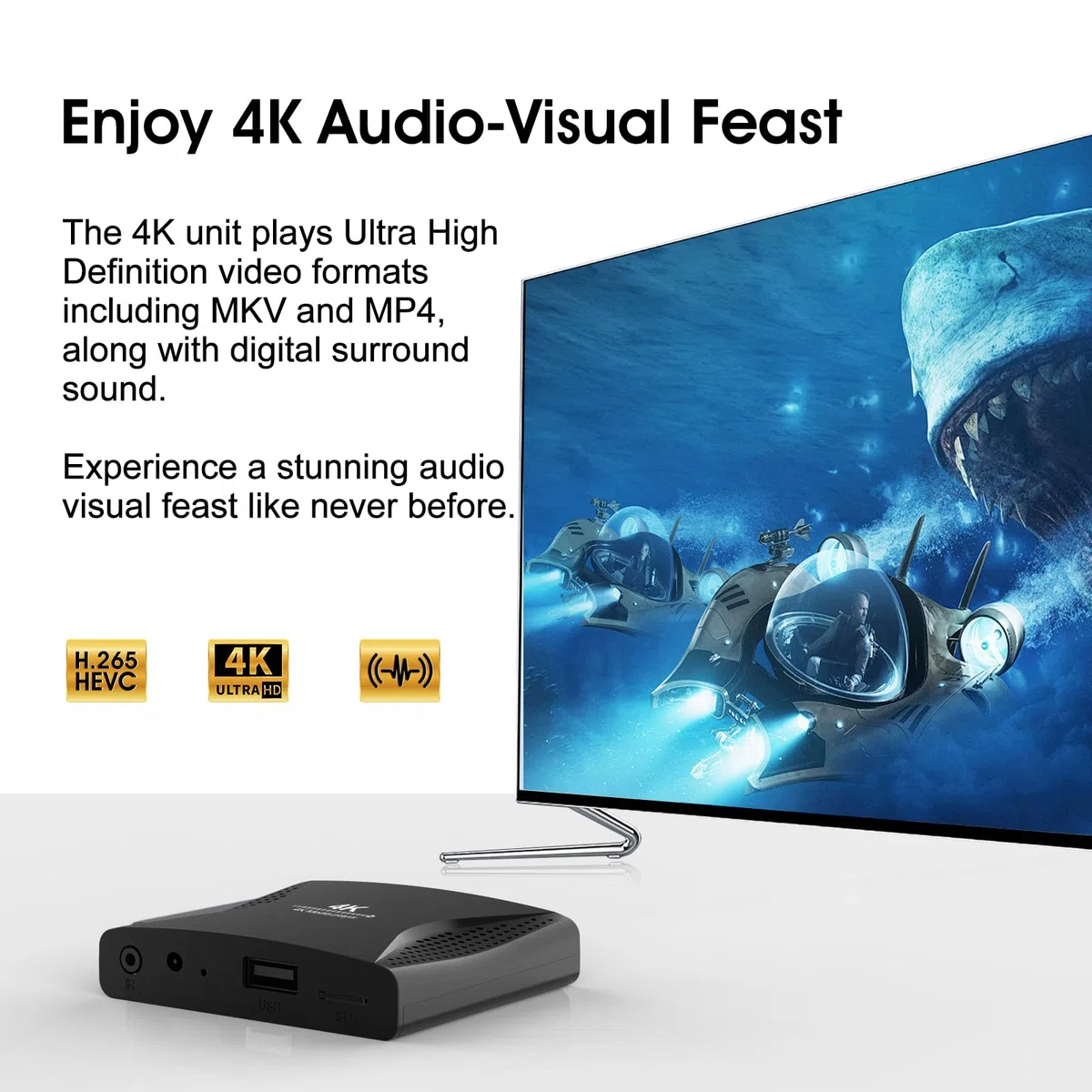 4K Ultra HD Media Player für USB-Stick & MicroSD-Karte, HDMI/AV Digital Signage Player mit Auto-Wiedergabe, Speicherfunktion & Endlosschleife, H.265 Media Box für Videos, Musik & Fotos