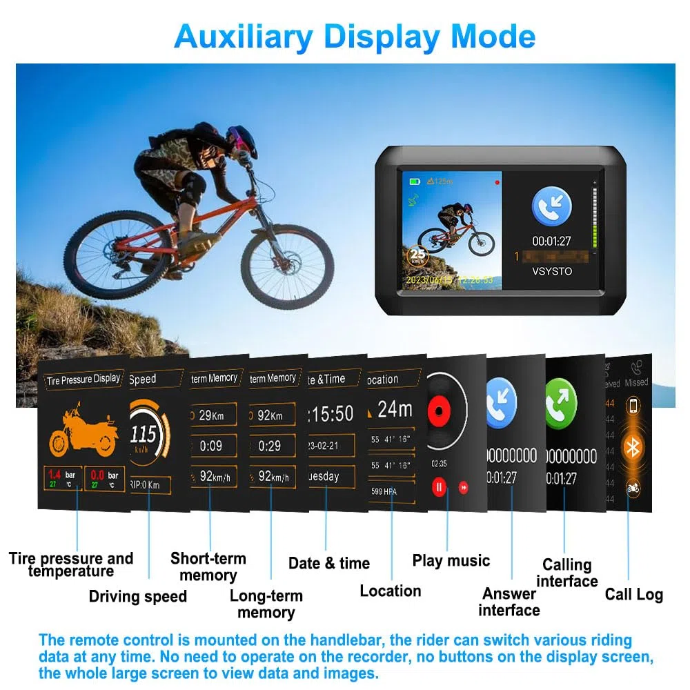 VSYSTO Fahrrad Rückfahrkamera, Lenker Fahrrad Spiegel 4'' Bildschirm WiFi HD 1080P Front und Heck und Selfie Kamera DVR mit Reifendrucksensoren GPS Telefon Assistant Mode Temperatursensor(Schwarz-F3K)
