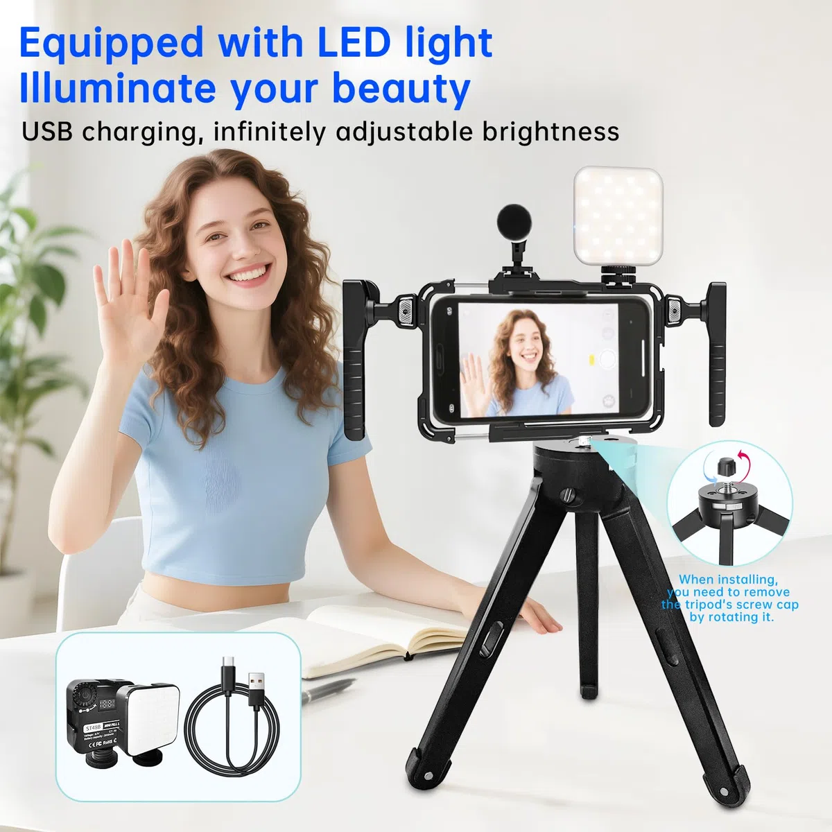 Phone Video Stabilizer Rig Kit:Phone Cage Rig for Video Recording with Handles LED Light Tripod - For Videomaker Videographer - for iPhone for Samsung for Pixel and Other Android Phones