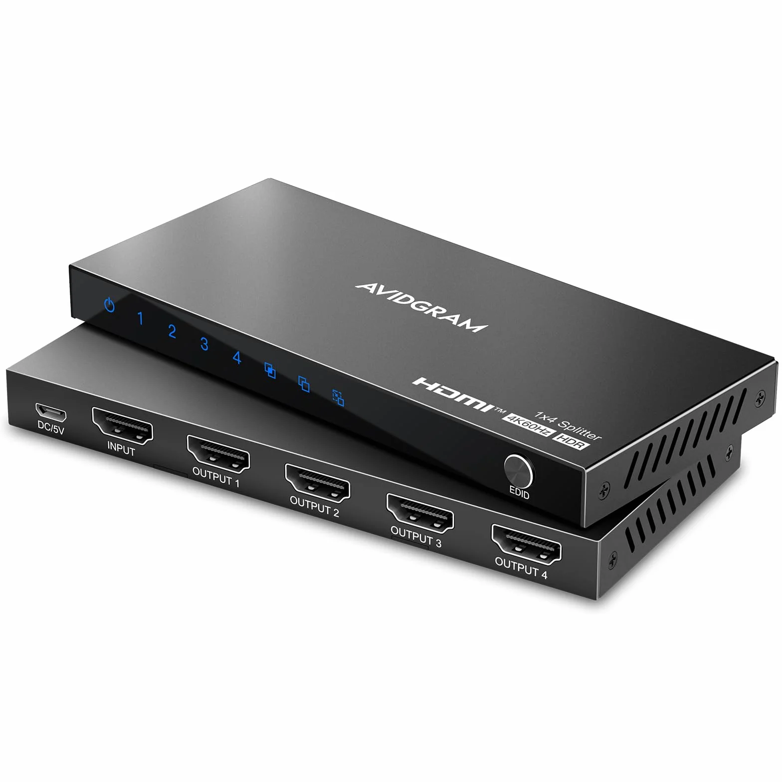 HDMI Splitter 1 In 4 Out 4K 60Hz 4:4:4, AVIDGRAM HDMI Verteiler 4 Port mit Copy, Downscaler, Auto für Dual identische Anzeige Unterstützung 1080p 120Hz HDMI2.0 HDCP 2.2 HDR10 18Gbps 3D